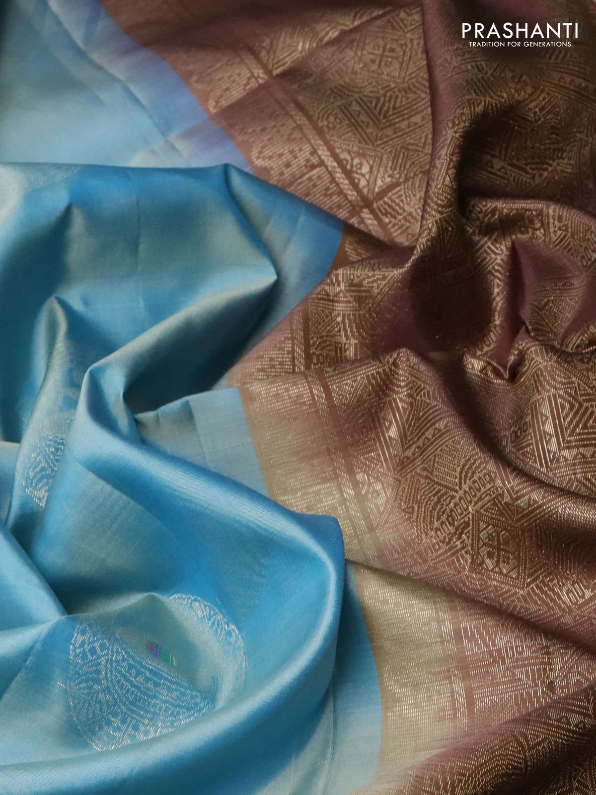 Pure soft silk saree light blue and brown with zari woven buttas in borderless style - Image 3