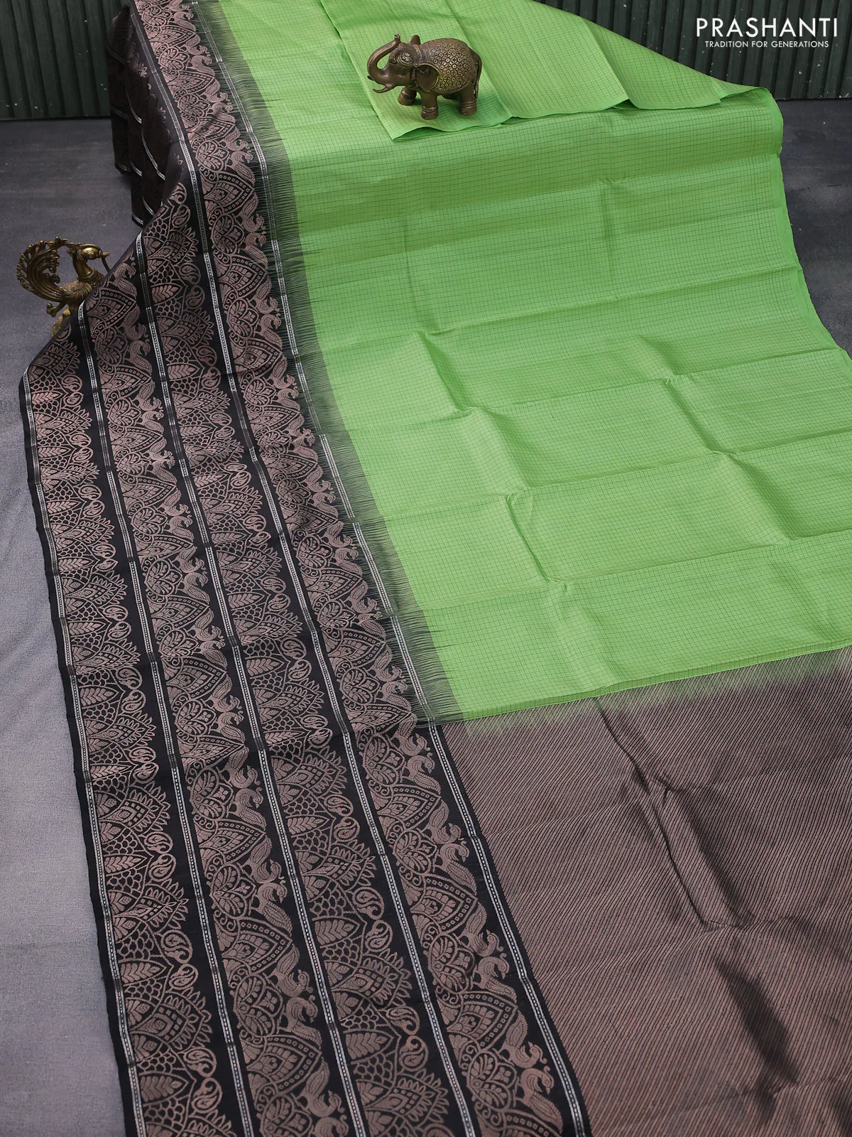 Pure soft silk saree light green and black with allover thread checked pattern and long zari woven border - Image 2