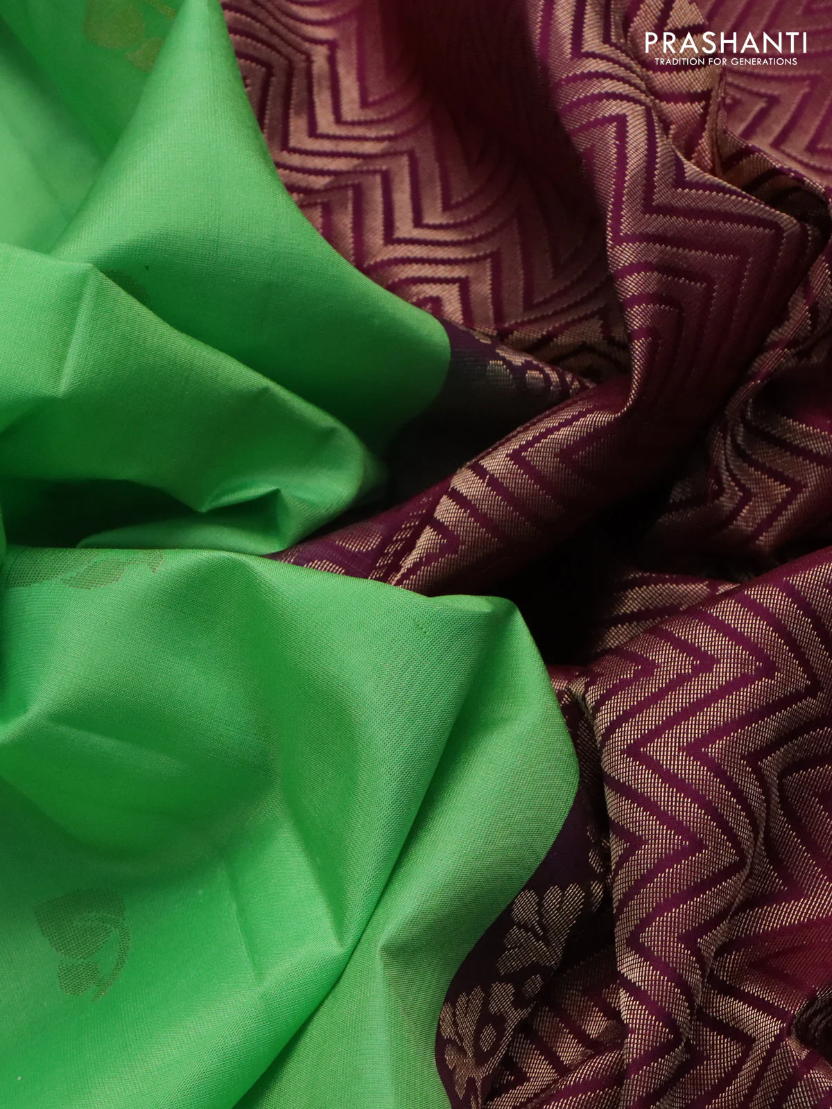 Pure soft silk saree light green and dark magenta pink with zari woven buttas and simple border - Image 3