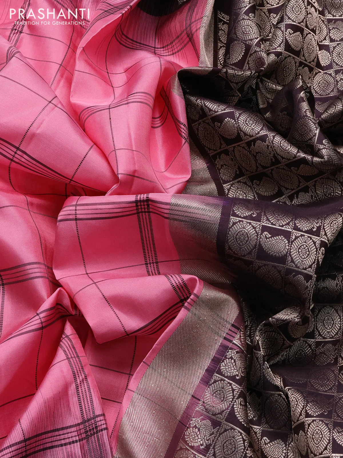 Pure soft silk saree light pink and jamun shade with allover checked pattern and zari woven butta border - Image 3