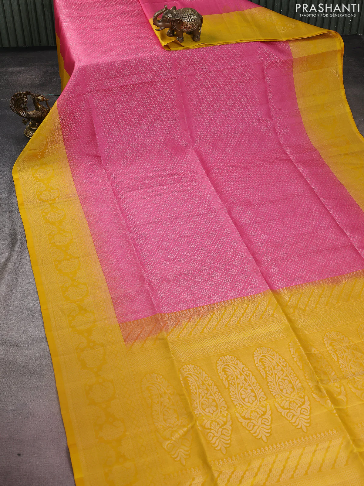 Pure soft silk saree light pink and mango yellow with allover zari woven brocade weaves and zari woven border - Image 2
