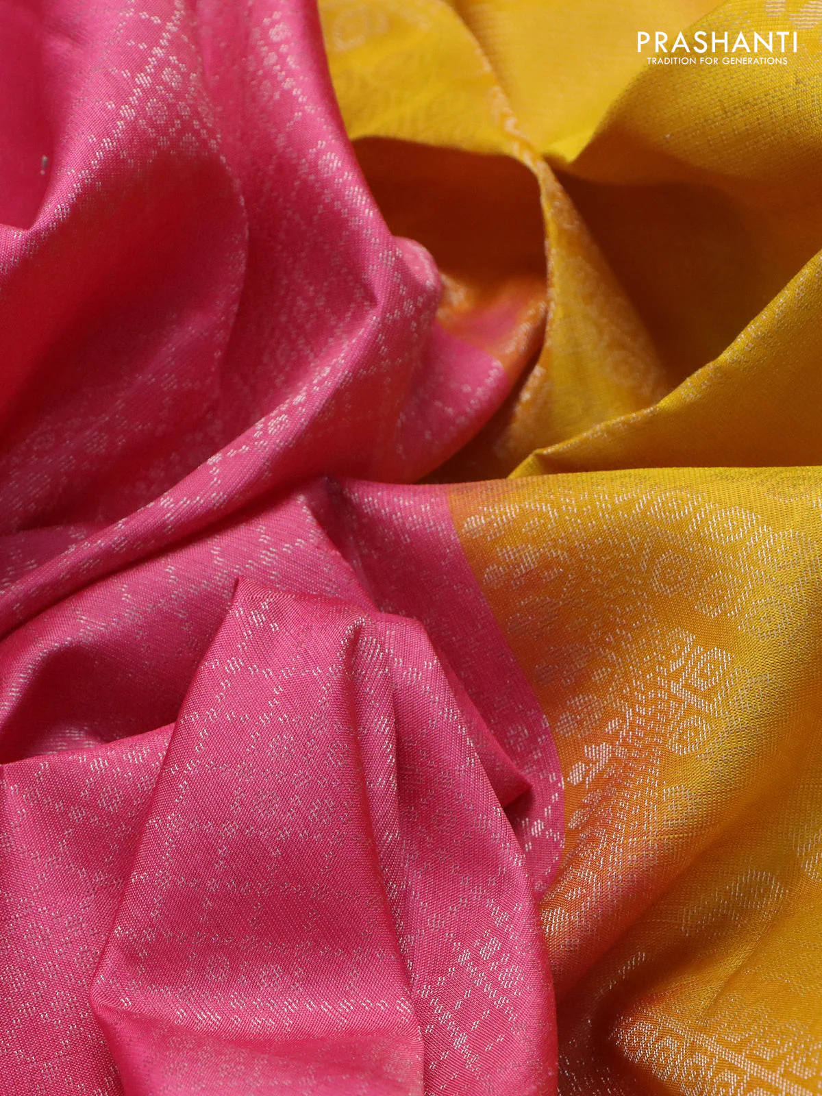 Pure soft silk saree light pink and mango yellow with allover zari woven brocade weaves and zari woven border - Image 3