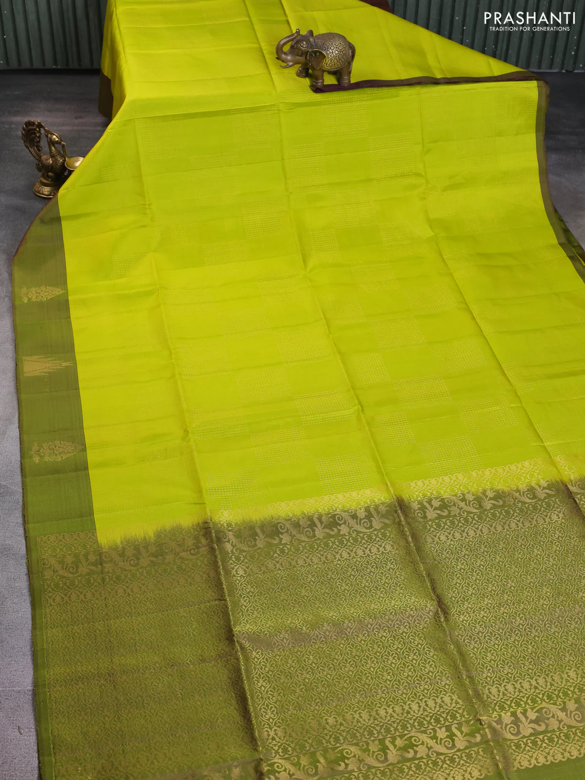 Pure soft silk saree lime green and sap green with box type zari woven buttas and temple zari woven butta border - Image 2