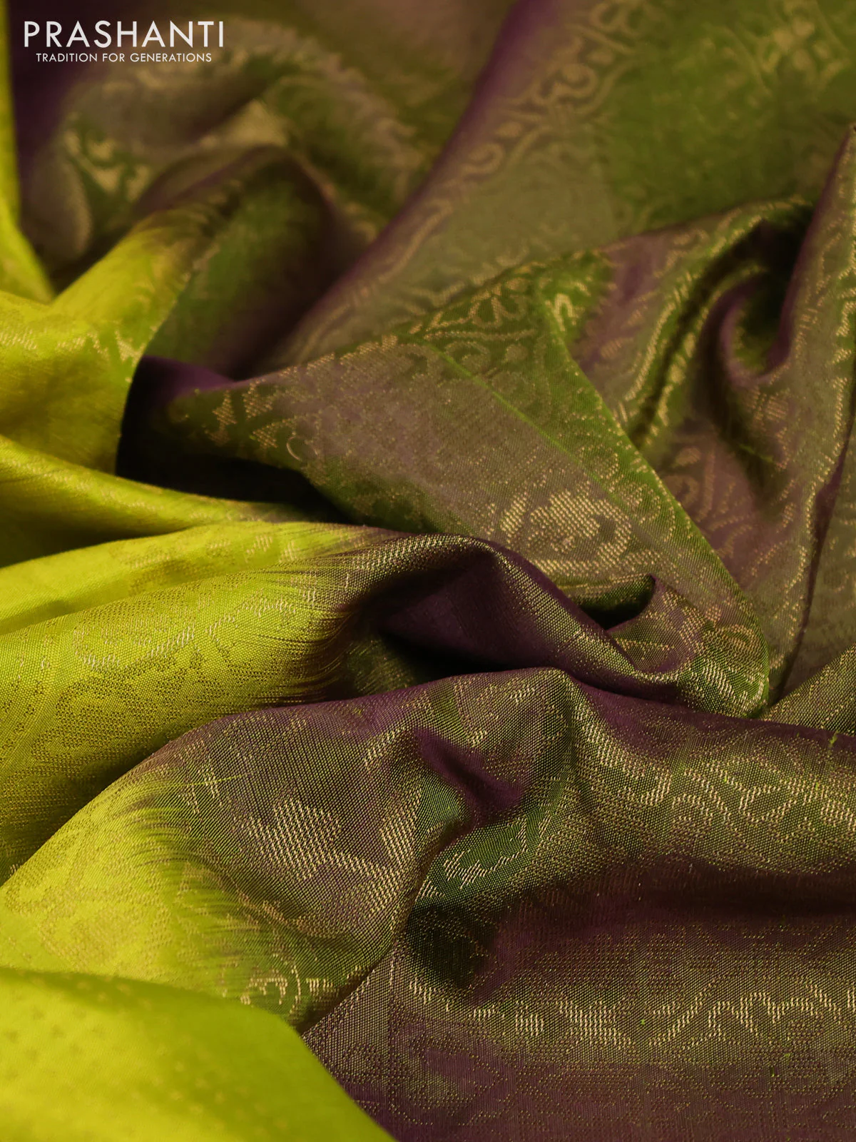 Pure soft silk saree lime green and sap green with box type zari woven buttas and temple zari woven butta border - Image 3