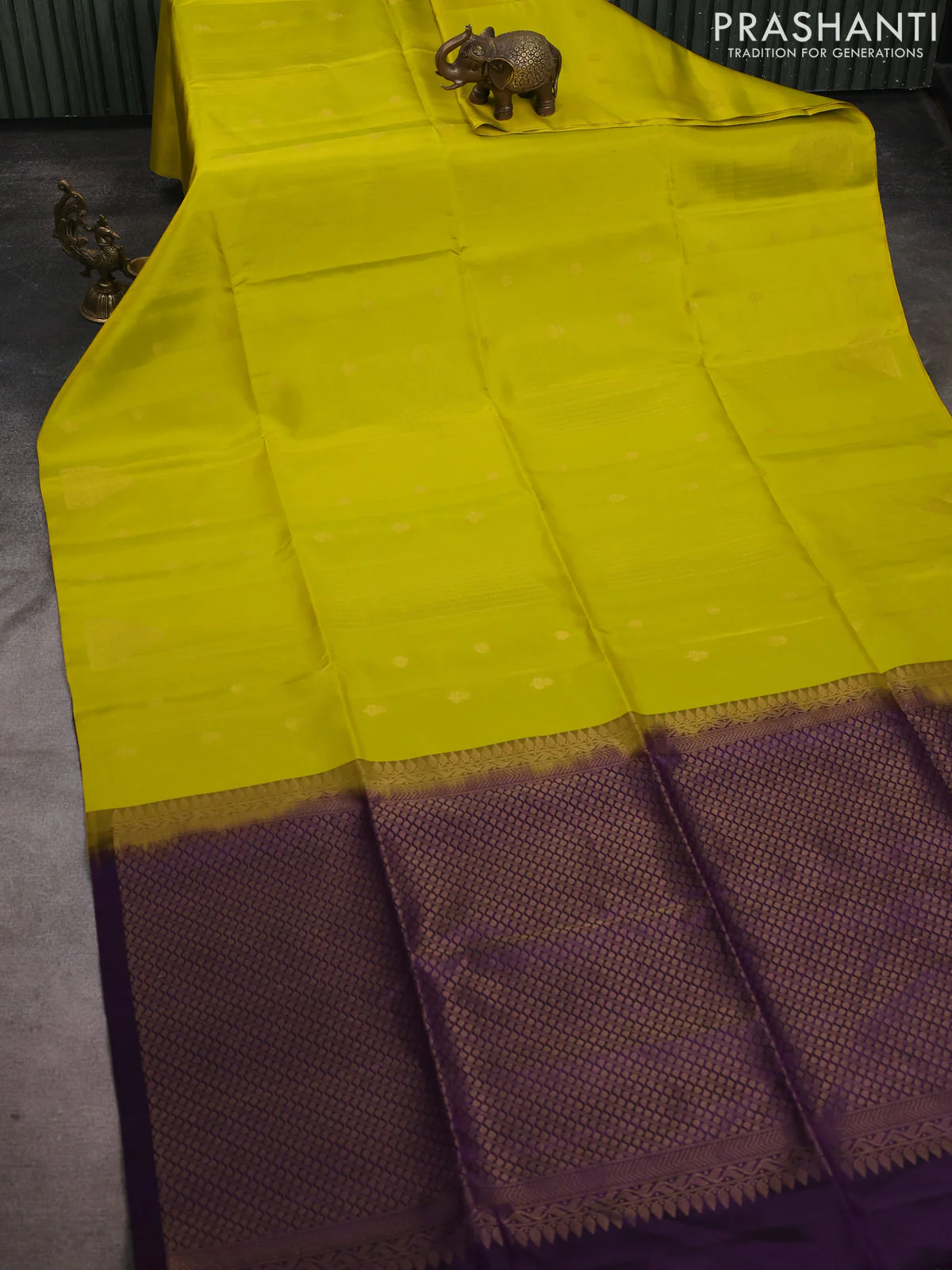 Pure soft silk saree lime green and violet with allover zari weaves & buttas in borderless style - Image 2