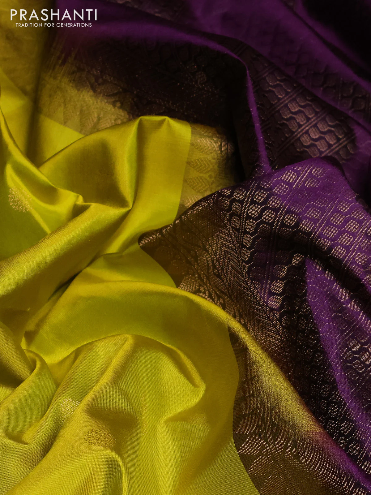 Pure soft silk saree lime green and violet with allover zari weaves & buttas in borderless style - Image 3