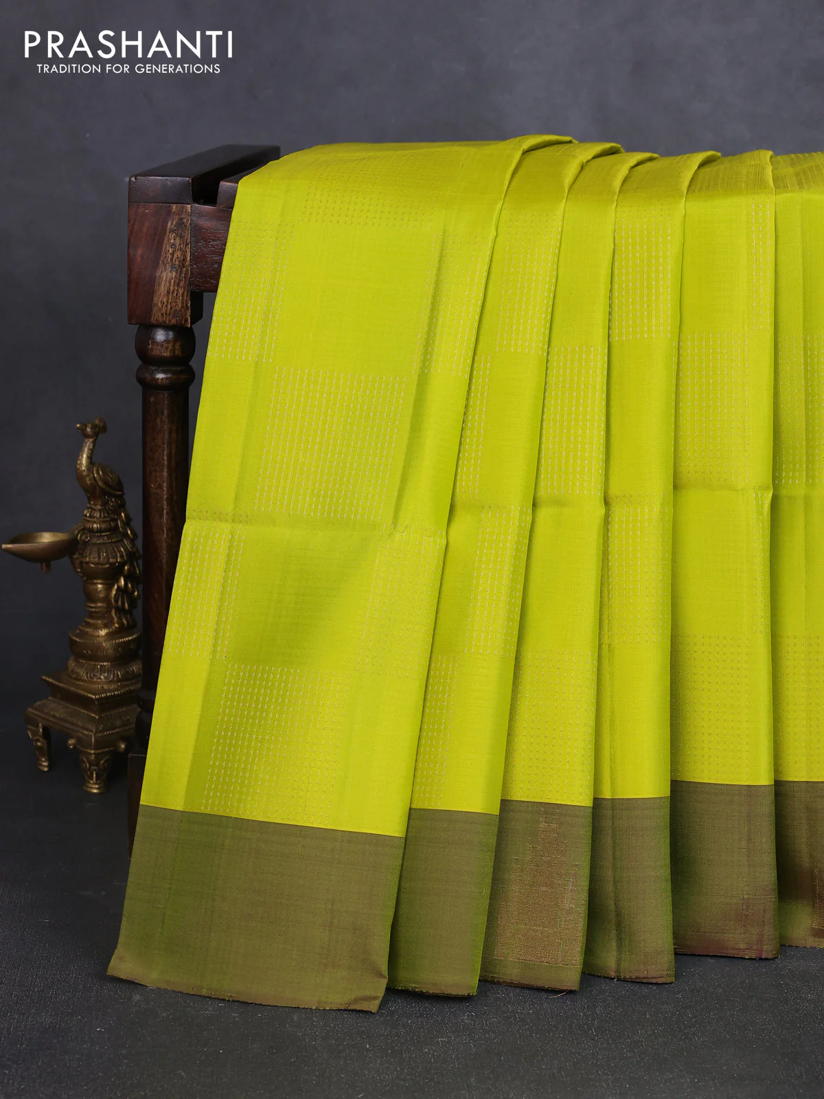 Pure soft silk saree lime green with allover zari weaves and piping border