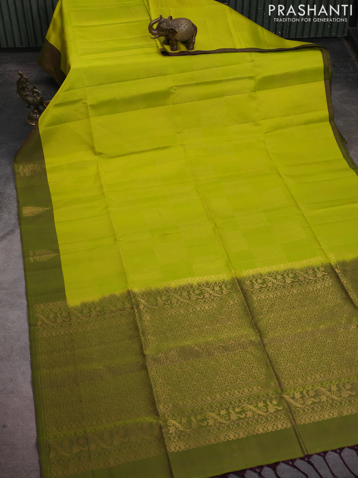Pure soft silk saree lime green with allover zari weaves and piping border - Image 2