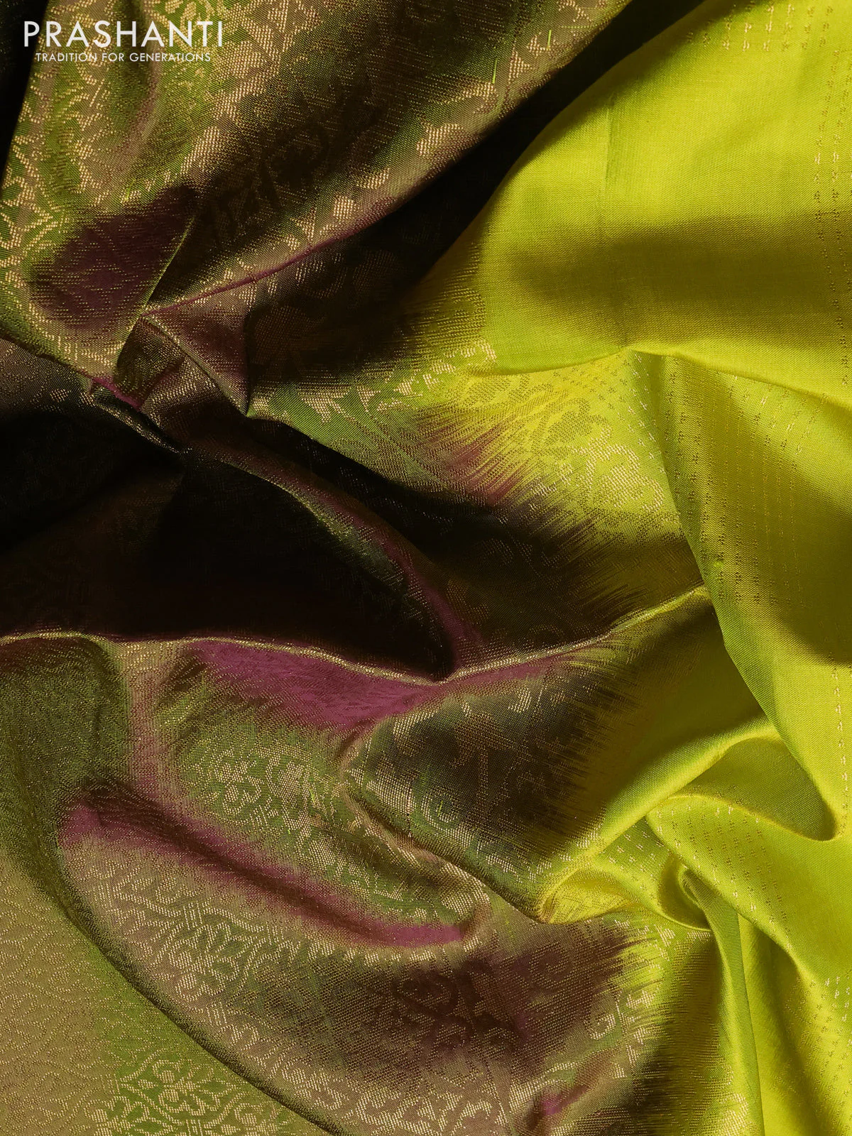 Pure soft silk saree lime green with allover zari weaves and piping border - Image 3