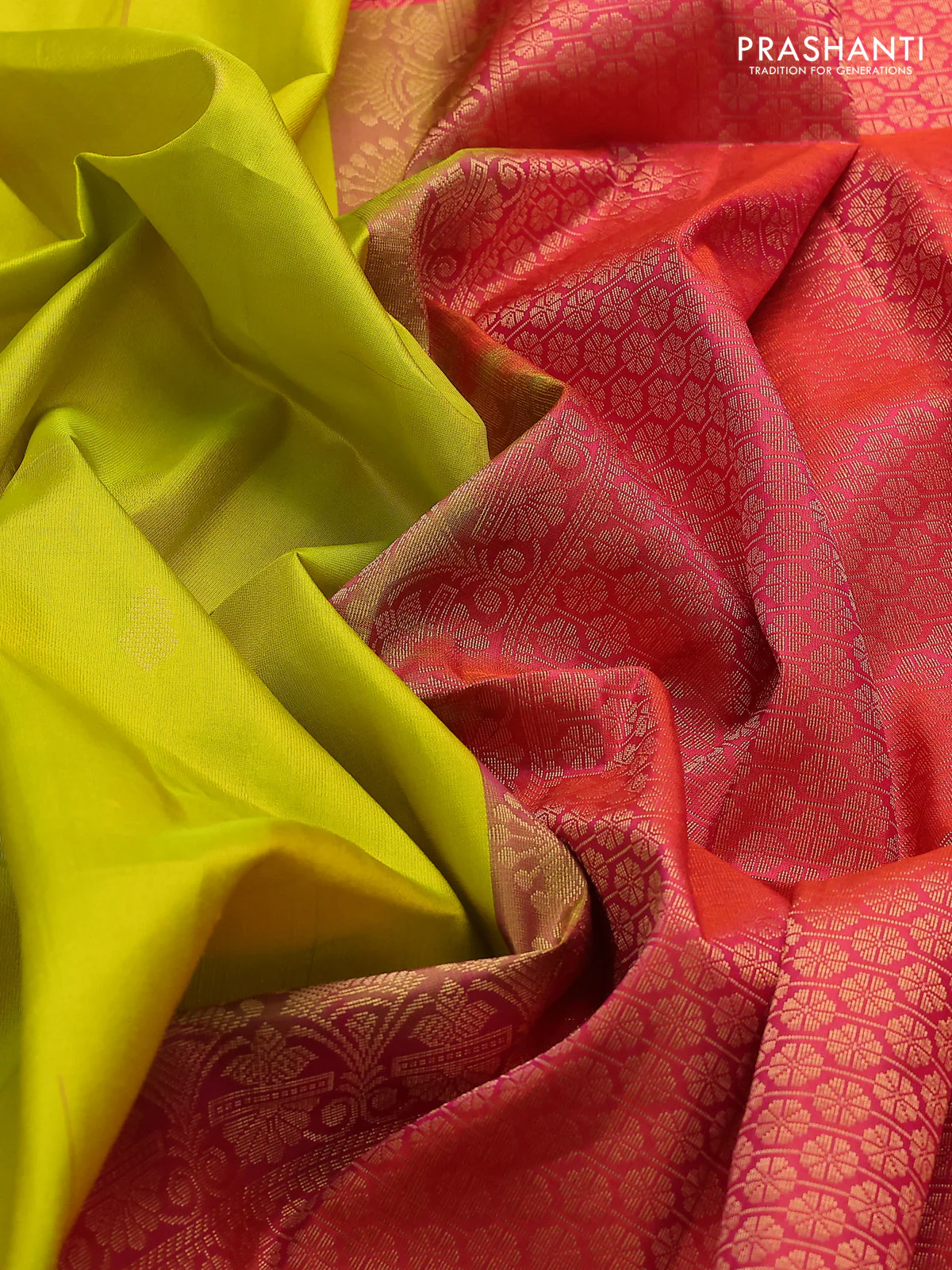 Pure soft silk saree lime yellow and dual shade of pinkish orange with zari woven buttas and zari woven border - Image 3