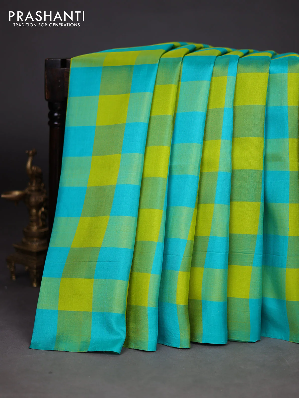 Pure soft silk saree lime yellow and teal green with allover paalum pazhamum checks in borderless style - Image 2