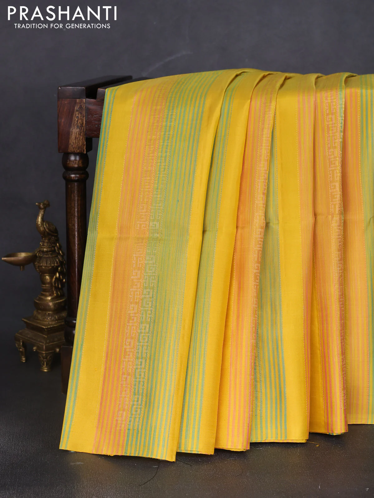 Pure soft silk saree lime yellow with allover zari weaves in borderless style