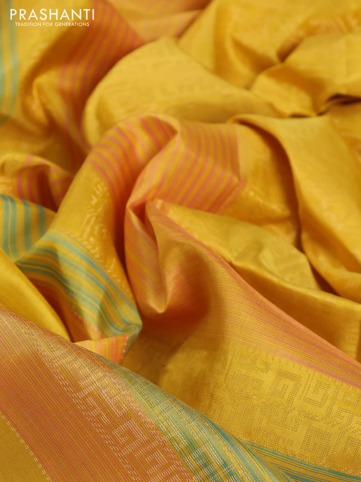 Pure soft silk saree lime yellow with allover zari weaves in borderless style - Image 3