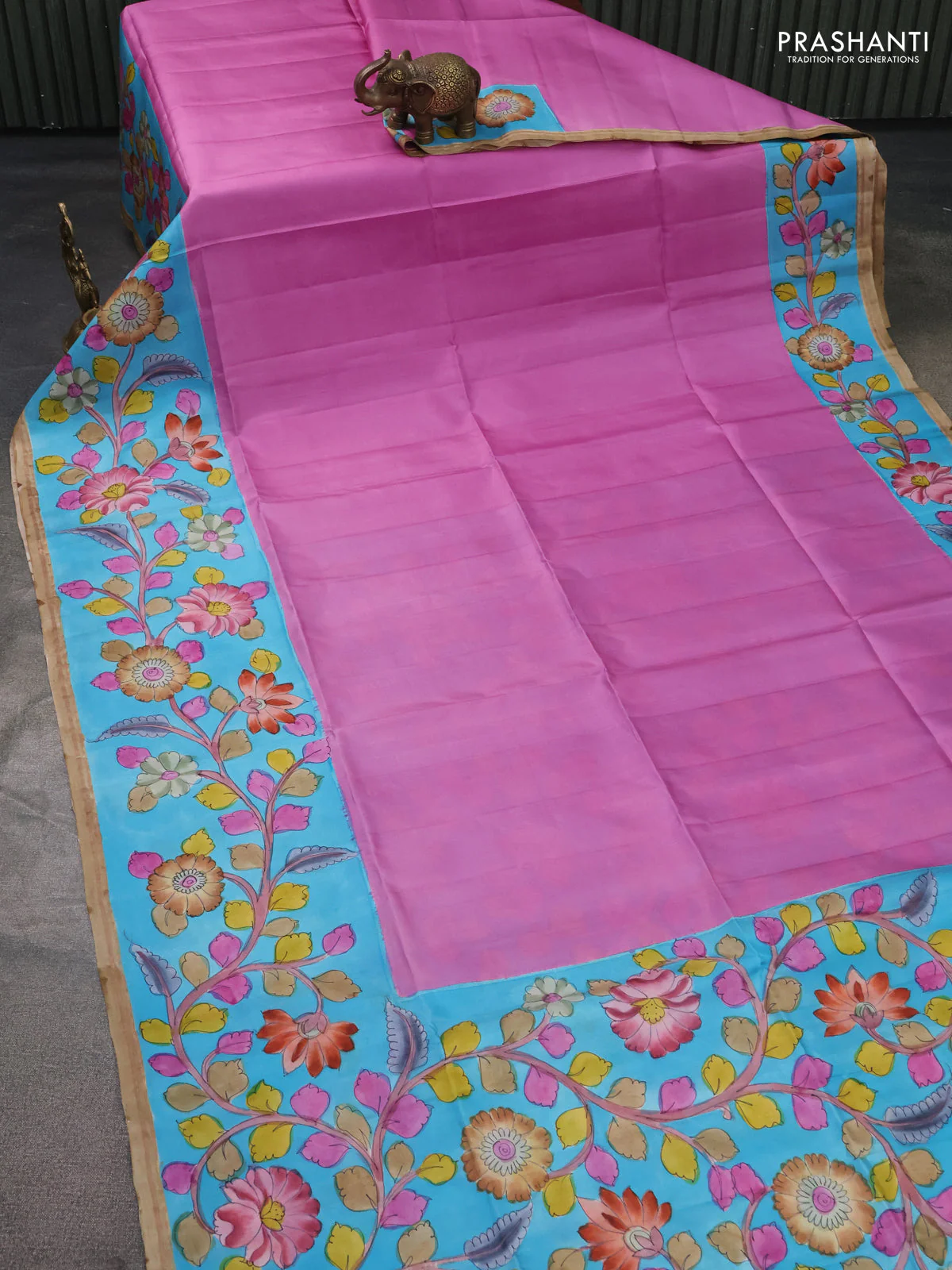 Pure soft silk saree lotus pink and light blue with plain body and kalamkari hand painted border & pallu - Image 2