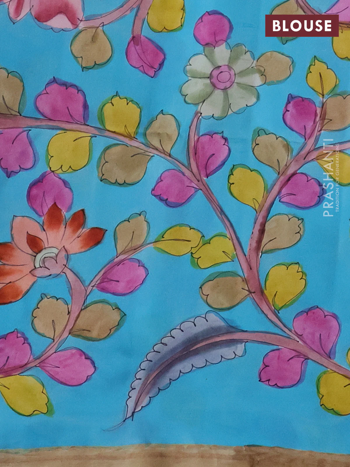 Pure soft silk saree lotus pink and light blue with plain body and kalamkari hand painted border & pallu - Image 3