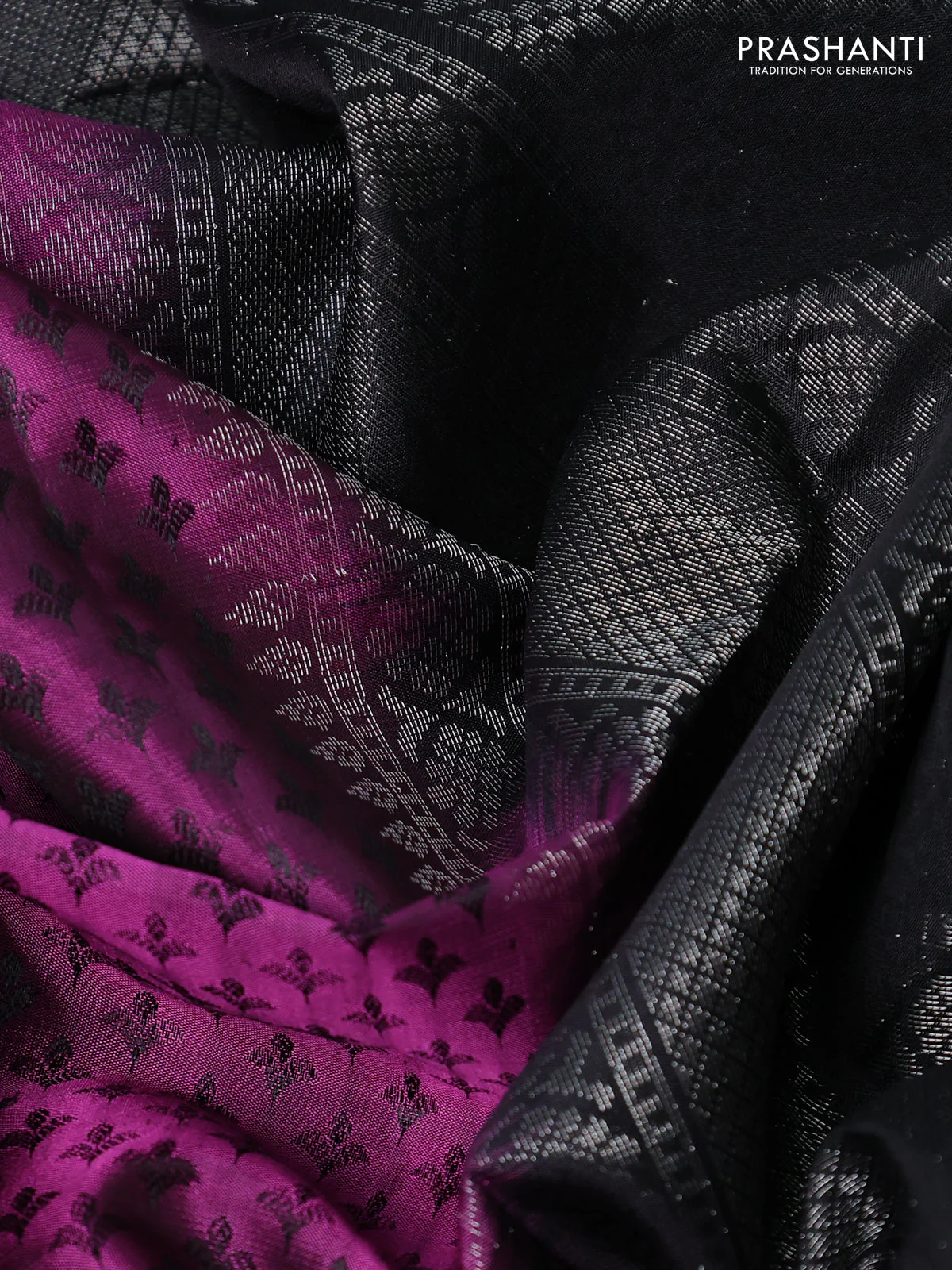 Pure soft silk saree magenta pink and black with allover thread woven brocade weaves and long zari woven bird butta border - Image 3