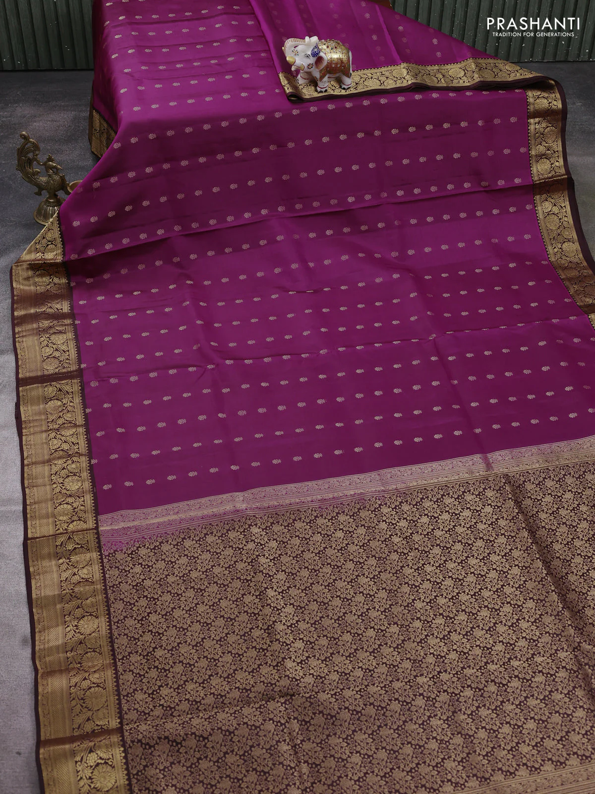 Pure soft silk saree magenta pink and coffee brown with allover zari woven buttas and rich zari woven border - Image 2
