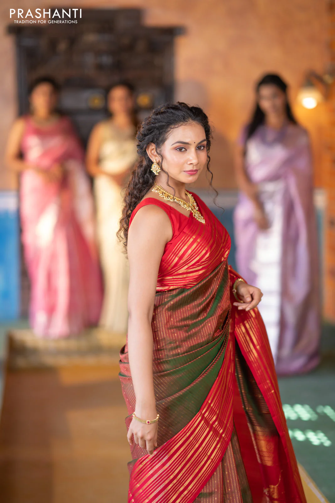 Pure soft silk saree manthulir green and red with allover zari weaves and long zari woven border - Image 5