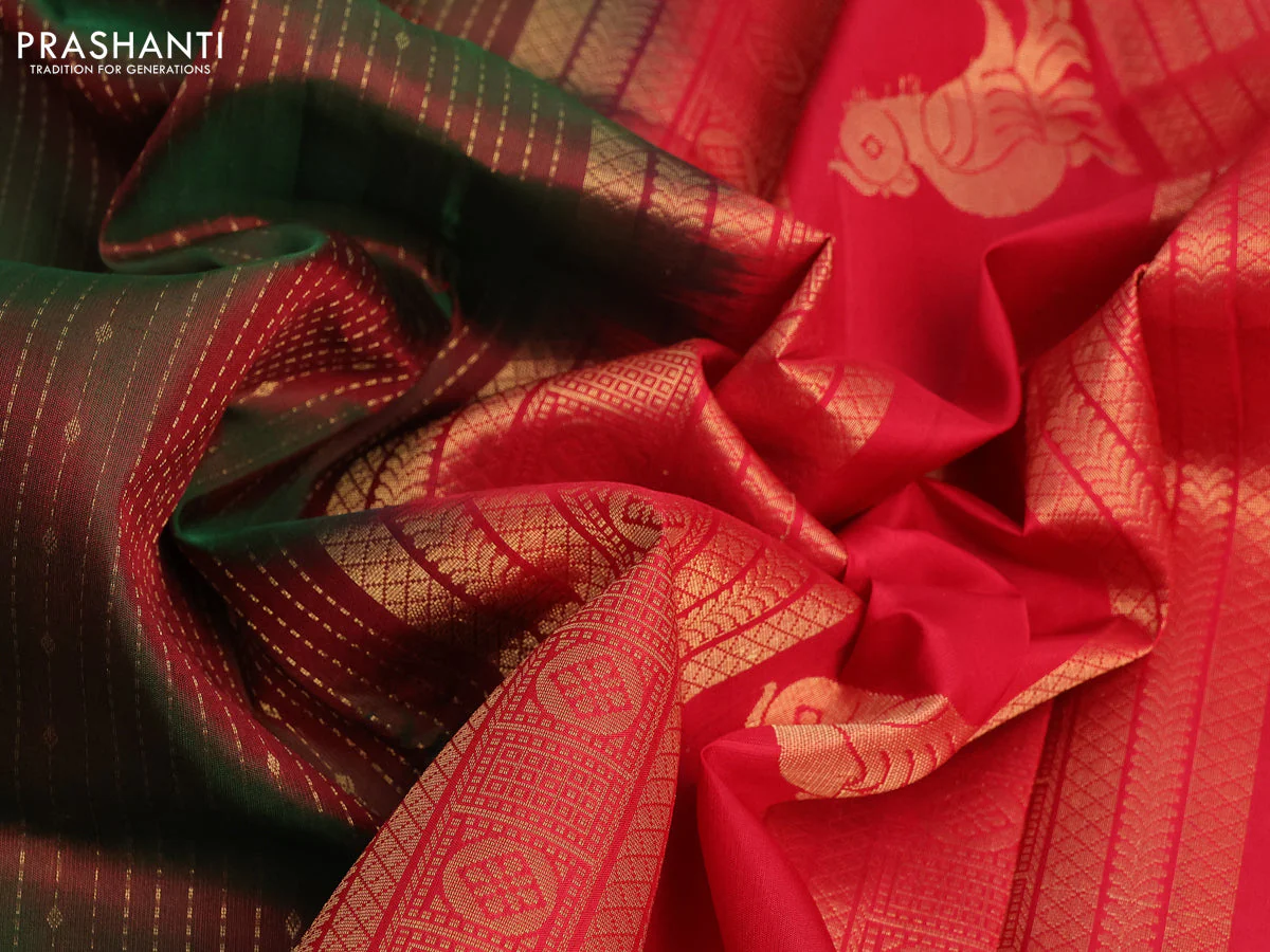 Pure soft silk saree manthulir green and red with allover zari weaves and long zari woven border - Image 8