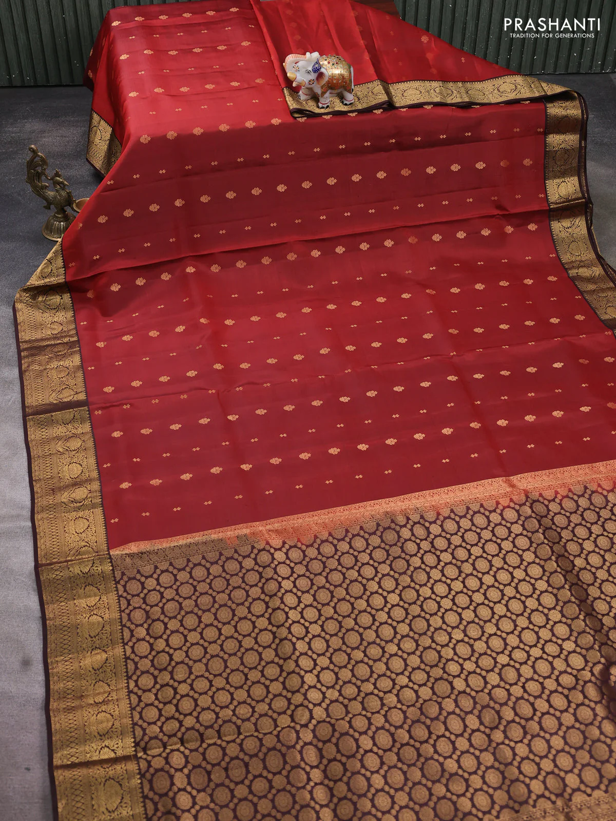 Pure soft silk saree maroon and coffee brown with allover zari woven buttas and rich zari woven border - Image 2