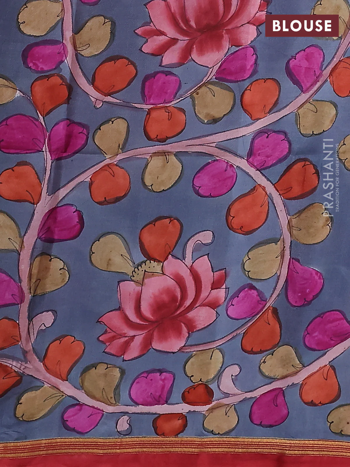 Pure soft silk saree maroon and greyish blue with plain body and kalamkari hand painted pallu - Image 3