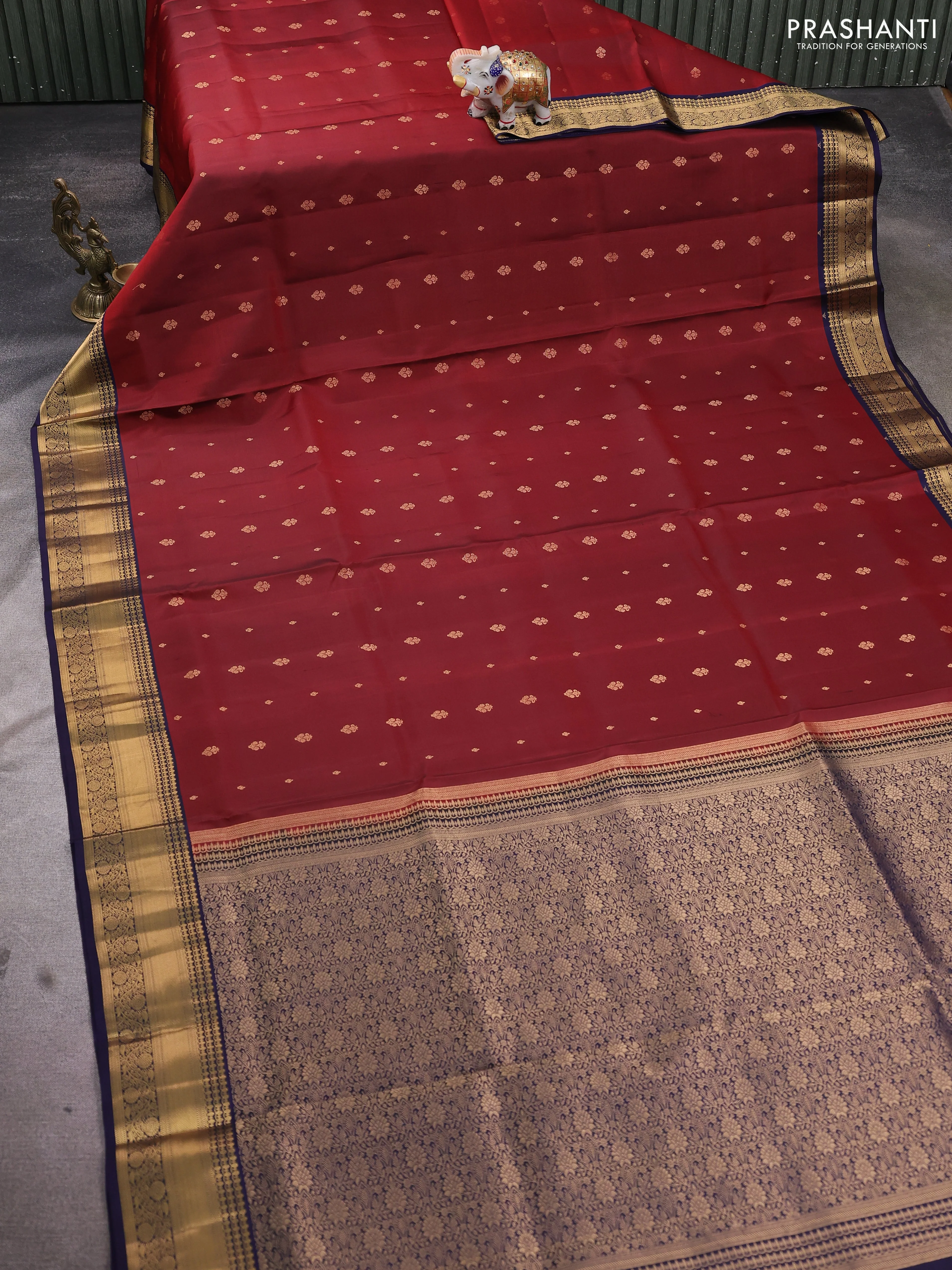 Pure soft silk saree maroon and navy blue with allover zari woven buttas and rich zari woven border - Image 2