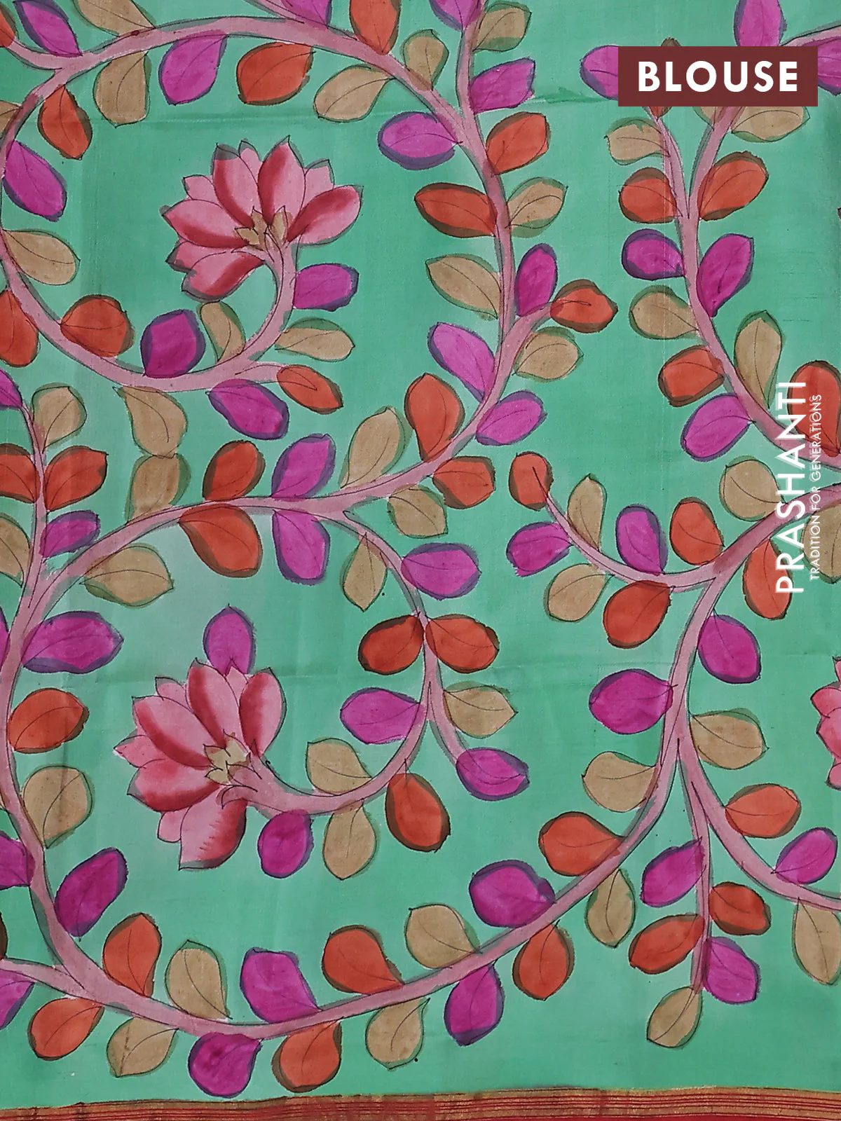Pure soft silk saree maroon and pastel green with plain body and kalamkari hand painted pallu - Image 3