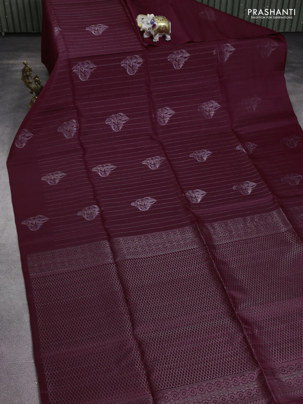 Pure soft silk saree maroon with allover silver zari stripe & buttas in borderless style - Image 2