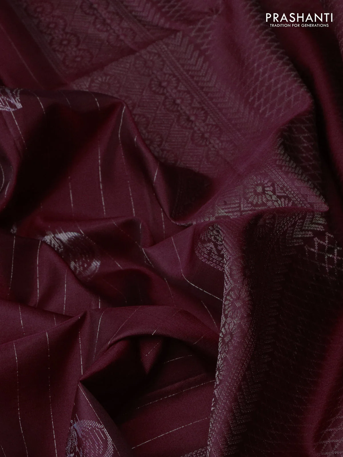Pure soft silk saree maroon with allover silver zari stripe & buttas in borderless style - Image 3