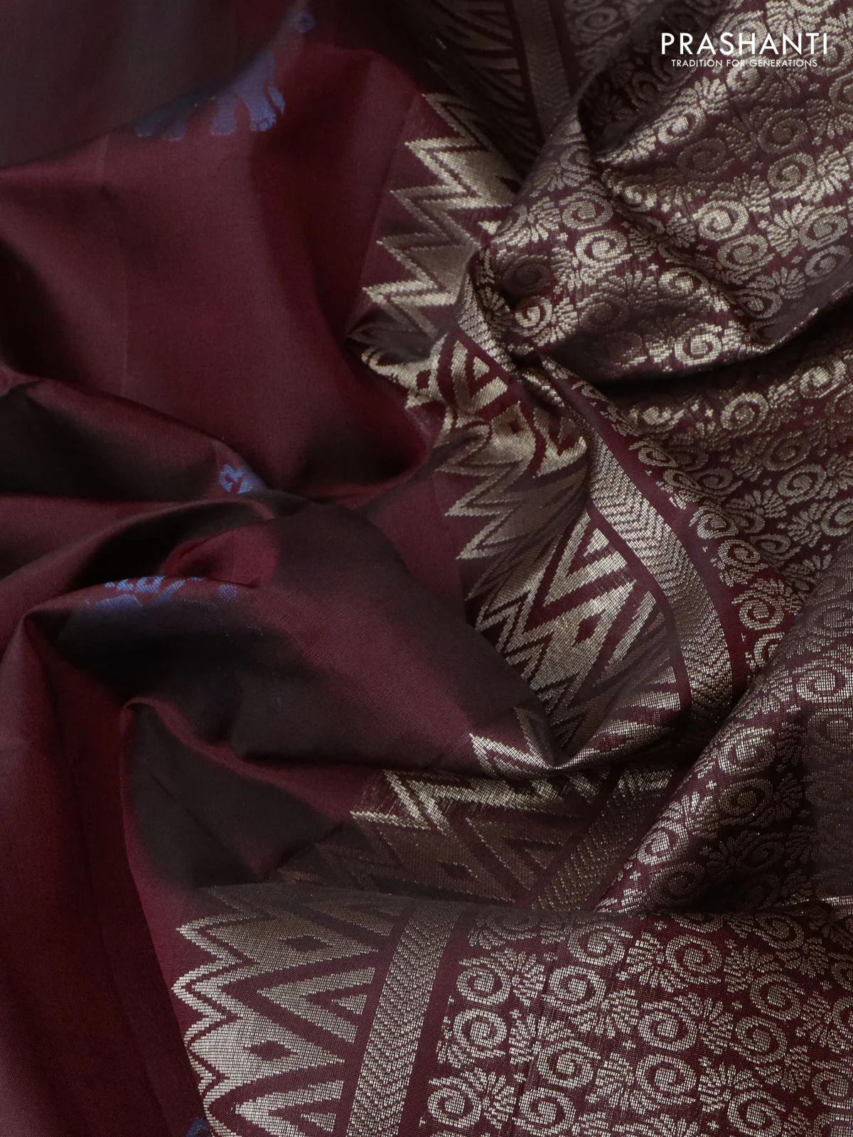Pure soft silk saree maroon with elephant zari woven buttas in borderless style - Image 3