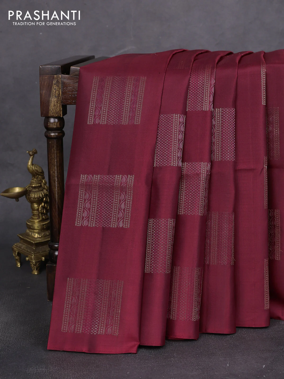 Pure soft silk saree maroon with thread & zari woven box type buttas in borderless style