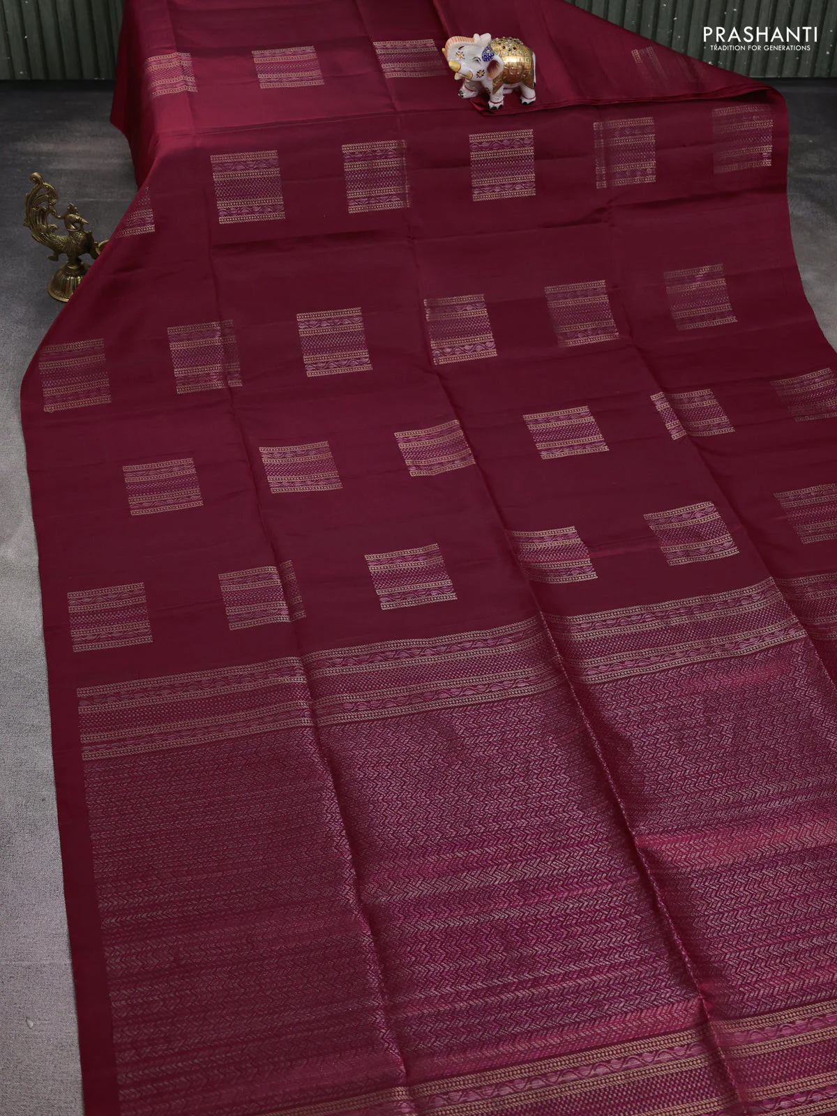 Pure soft silk saree maroon with thread & zari woven box type buttas in borderless style - Image 2