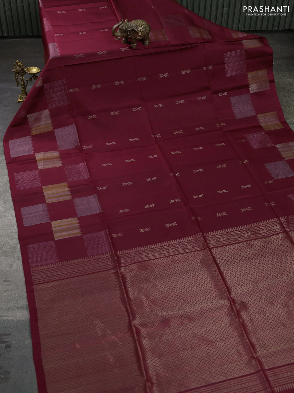 Pure soft silk saree maroon with zari woven buttas and long zari woven butta border - Image 2