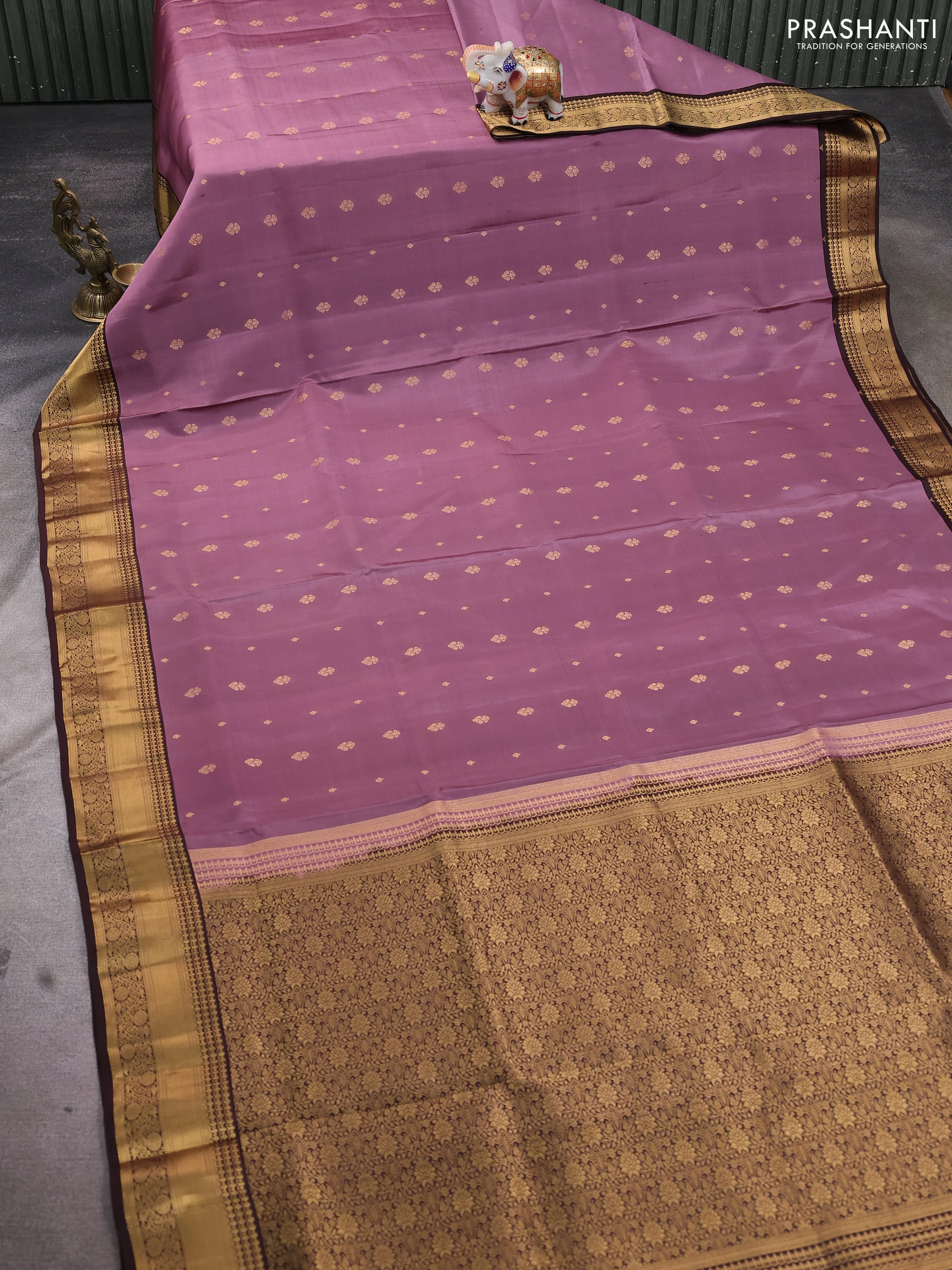 Pure soft silk saree mauve pink and coffee brown with allover zari woven buttas and rich zari woven border - Image 2