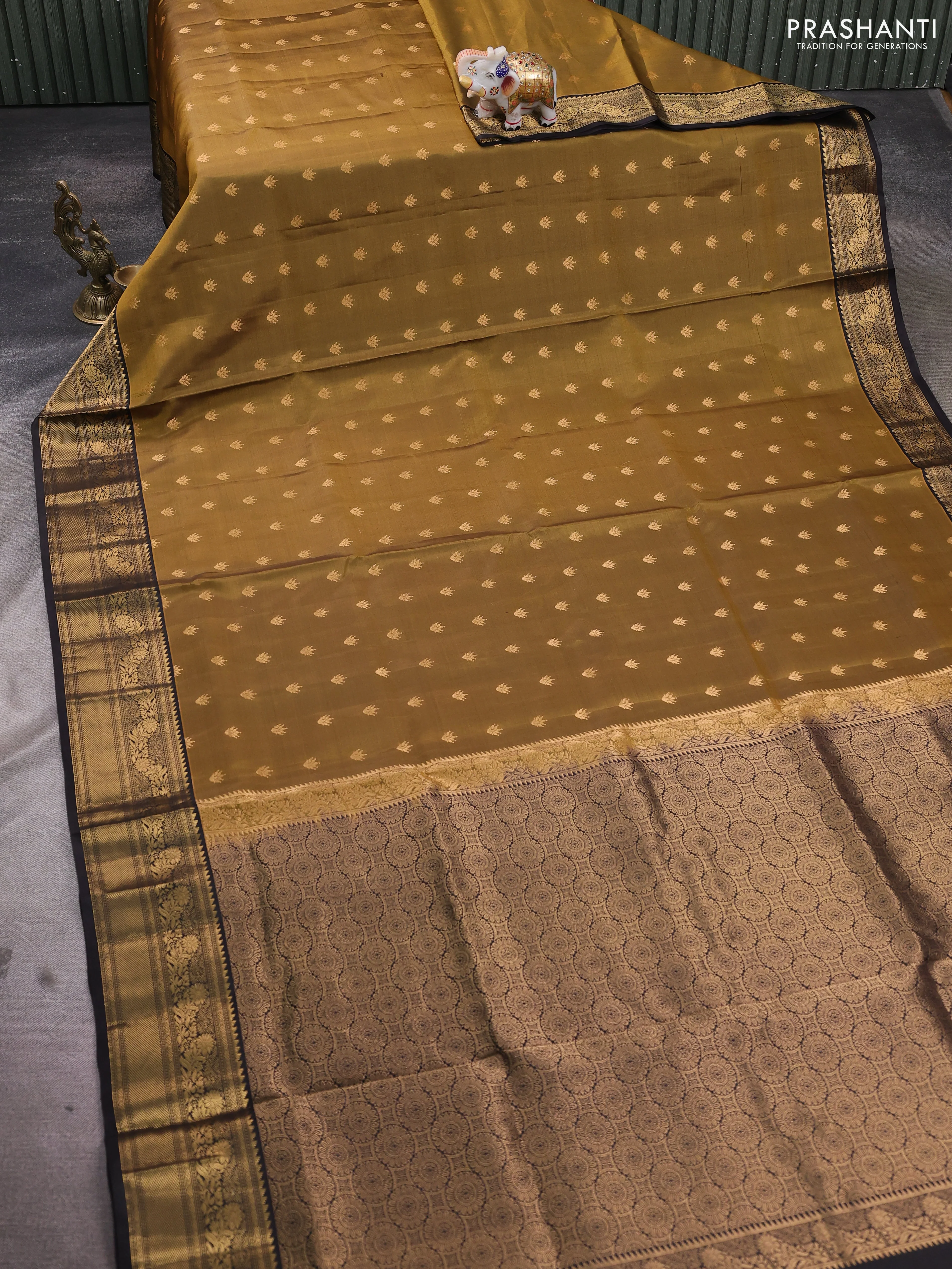 Pure soft silk saree mehendi green and black with allover zari woven buttas and rich zari woven border - Image 2