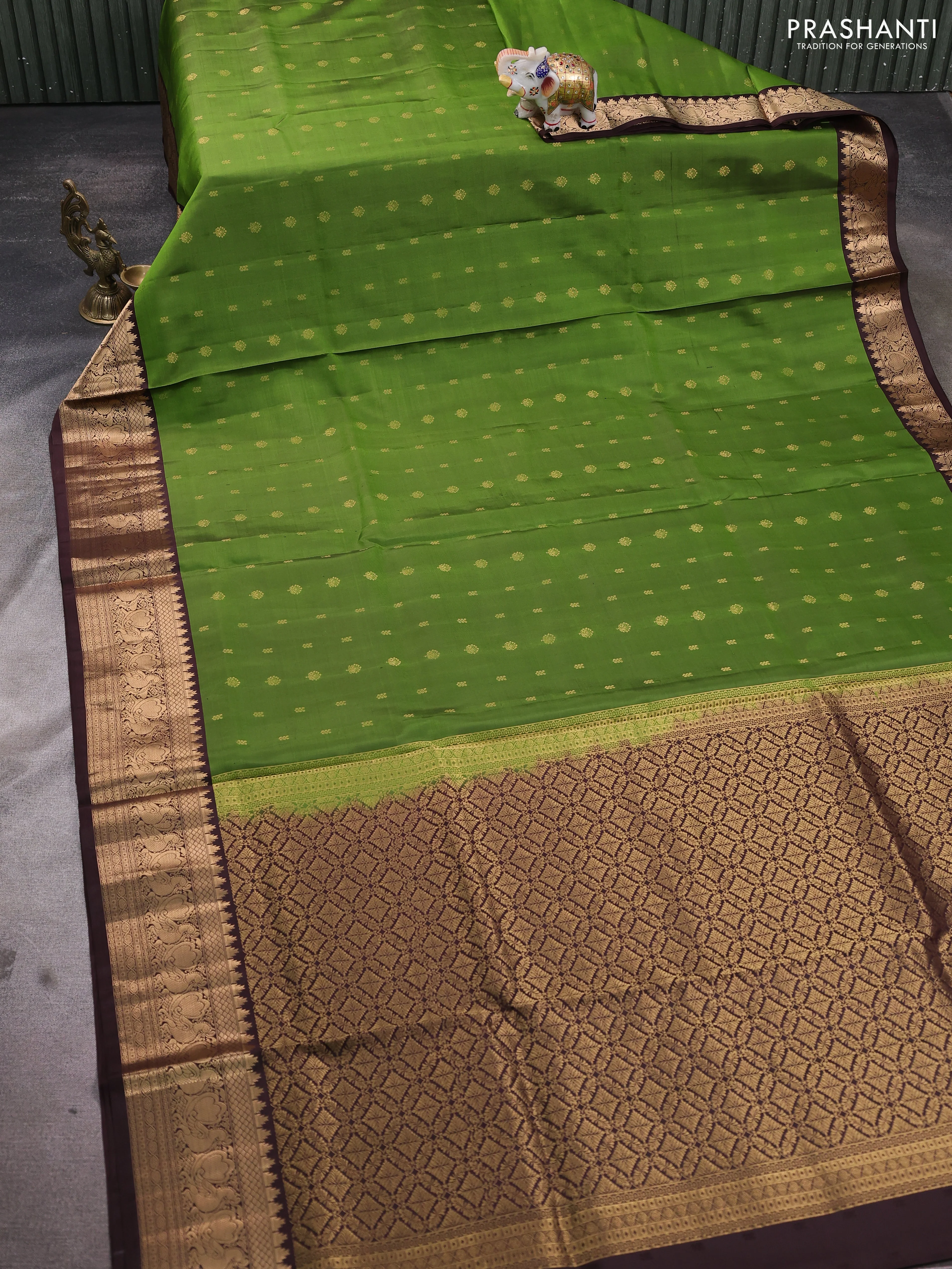 Pure soft silk saree mehendi green and coffee brown with allover zari woven buttas and annam zari woven border - Image 2