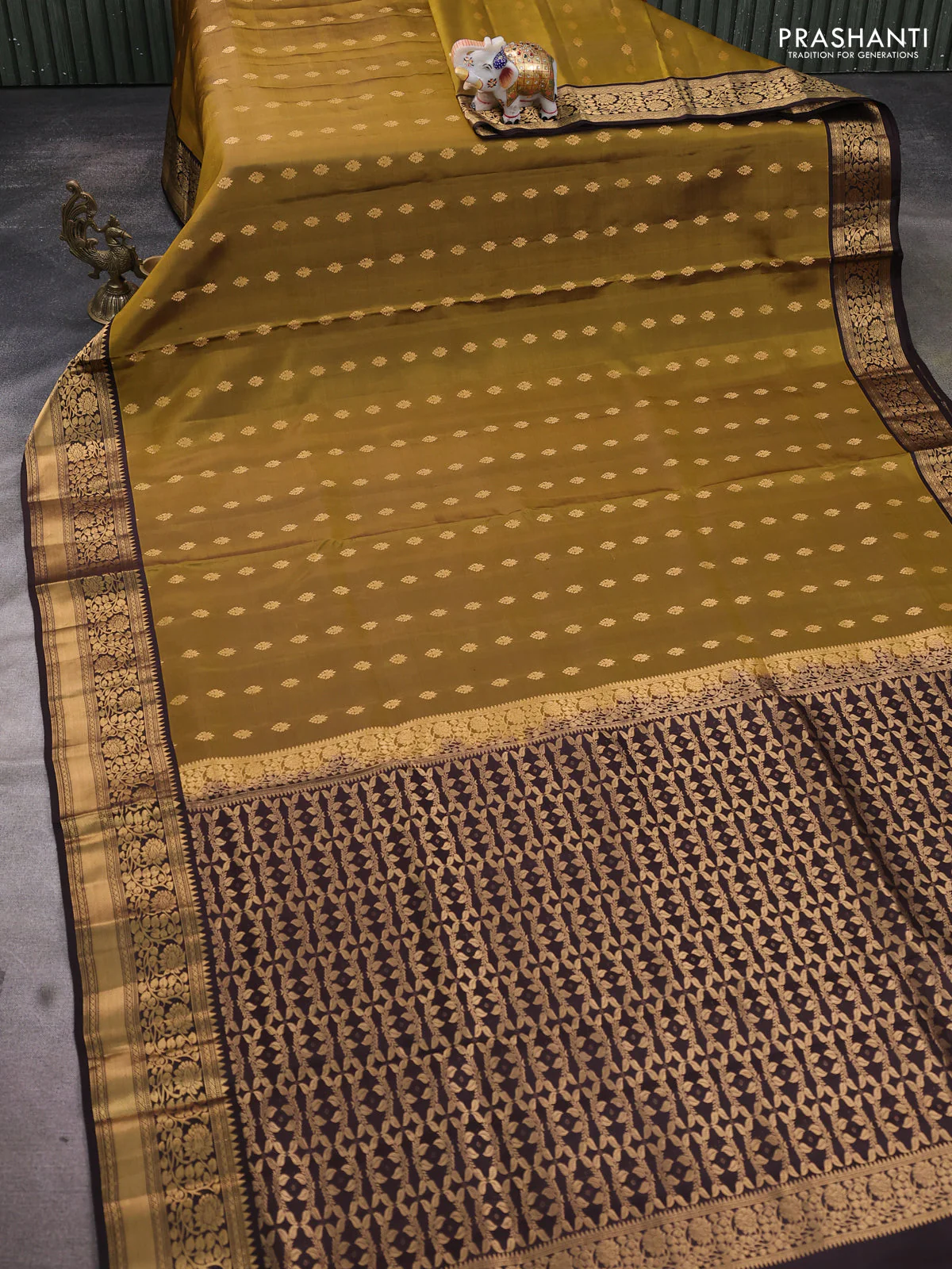 Pure soft silk saree mehendi green and coffee brown with zari woven buttas and zari woven border - Image 2