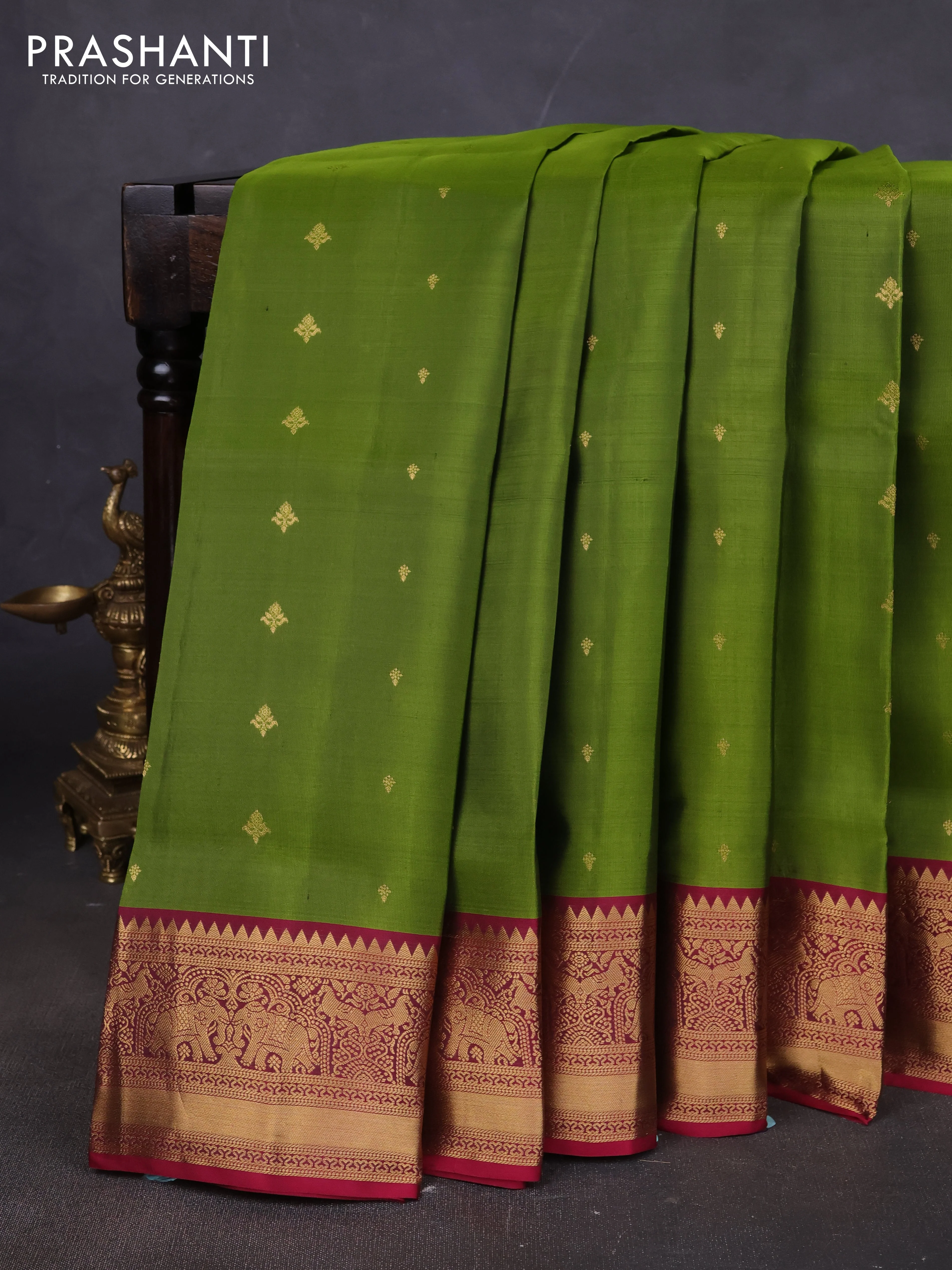 Pure soft silk saree mehendi green and dark pink with allover zari woven buttas and elephant zari woven border