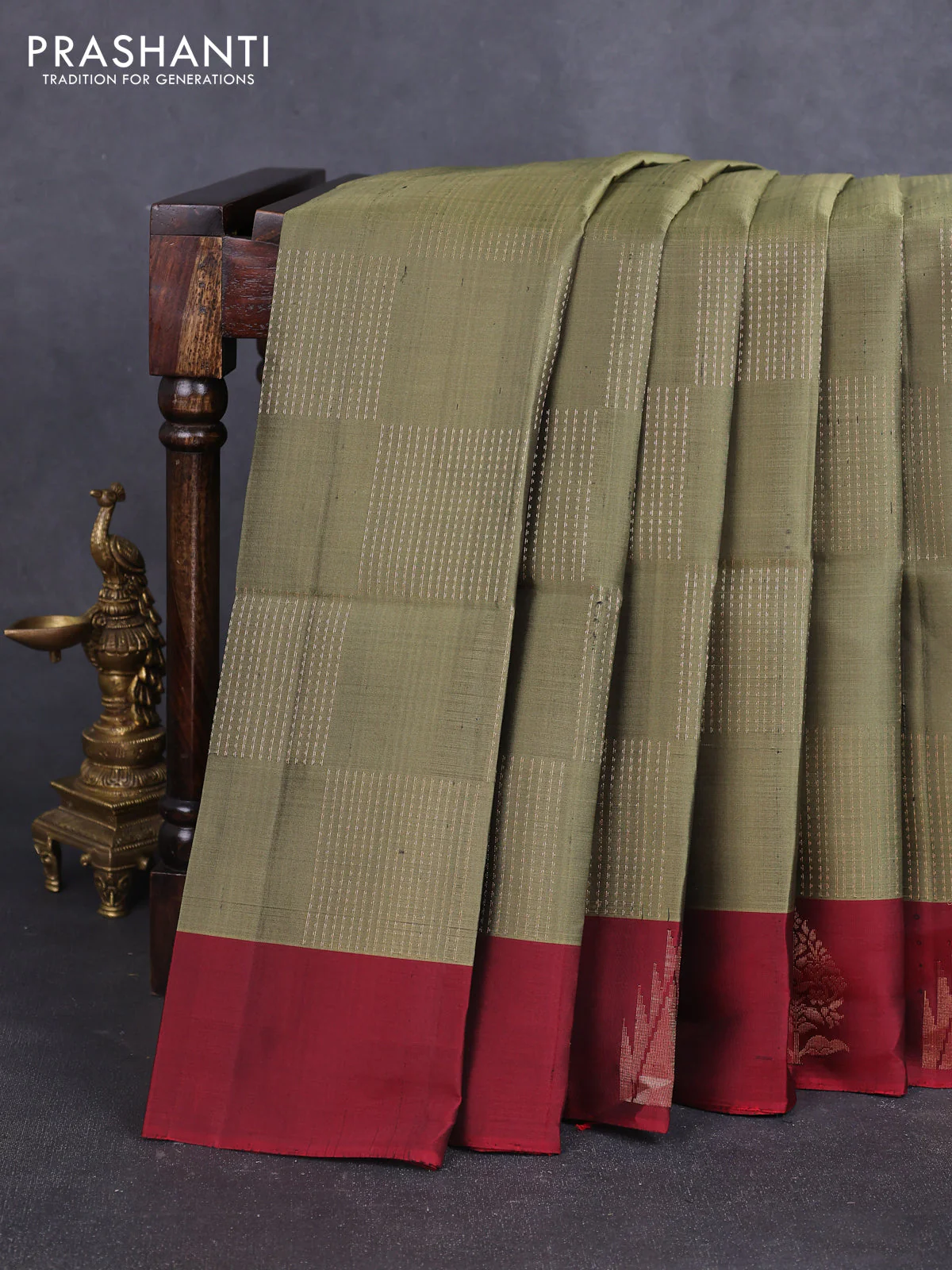 Pure soft silk saree mehendi green and deep maroon with allover zari weaves and temple zari woven butta border