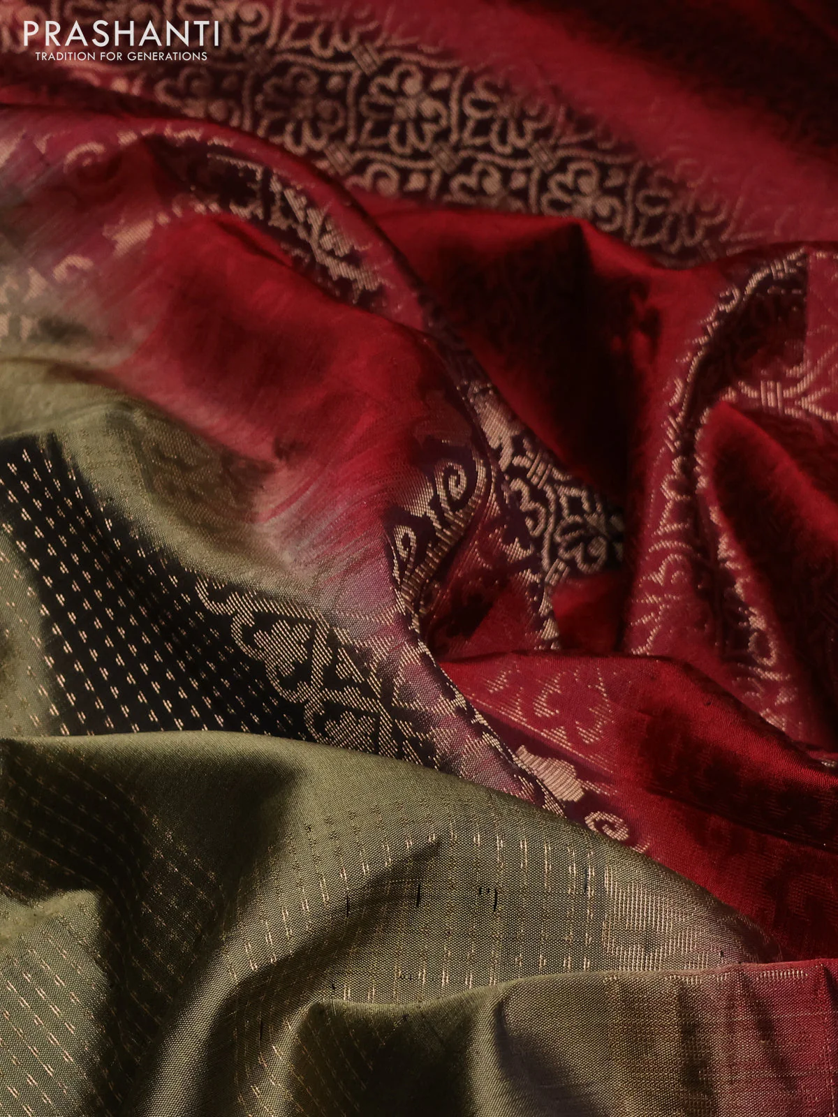 Pure soft silk saree mehendi green and deep maroon with allover zari weaves and temple zari woven butta border - Image 3