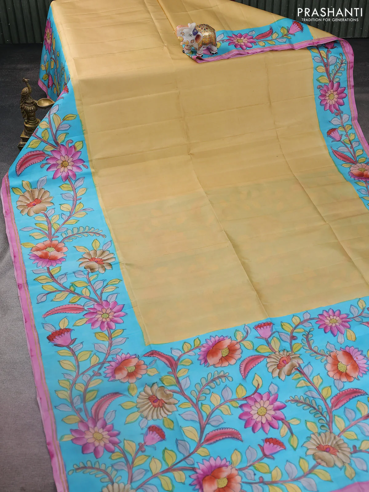 Pure soft silk saree mustard shade and cs blue with plain body and kalamkari hand painted border & pallu - Image 2