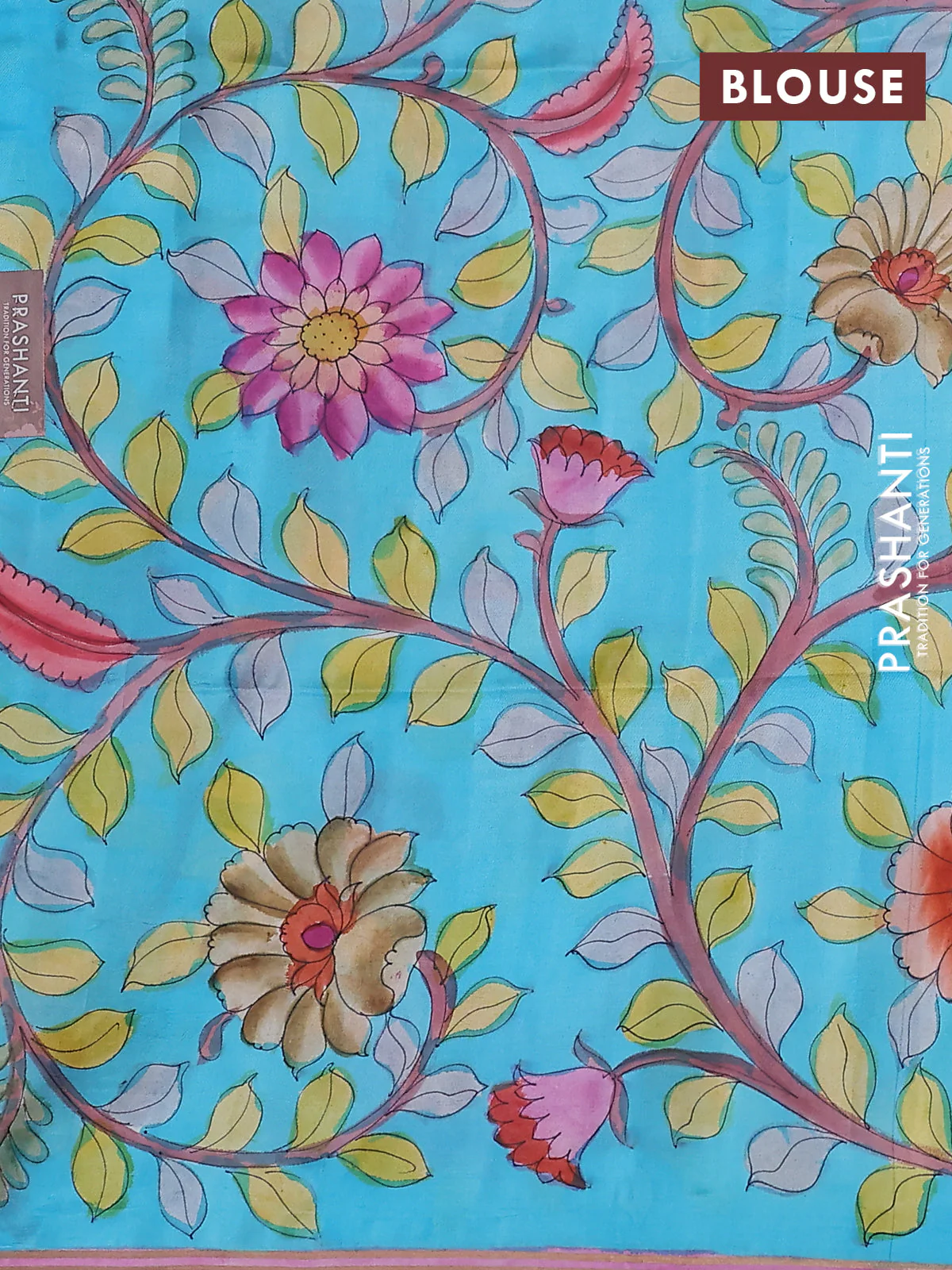 Pure soft silk saree mustard shade and cs blue with plain body and kalamkari hand painted border & pallu - Image 3