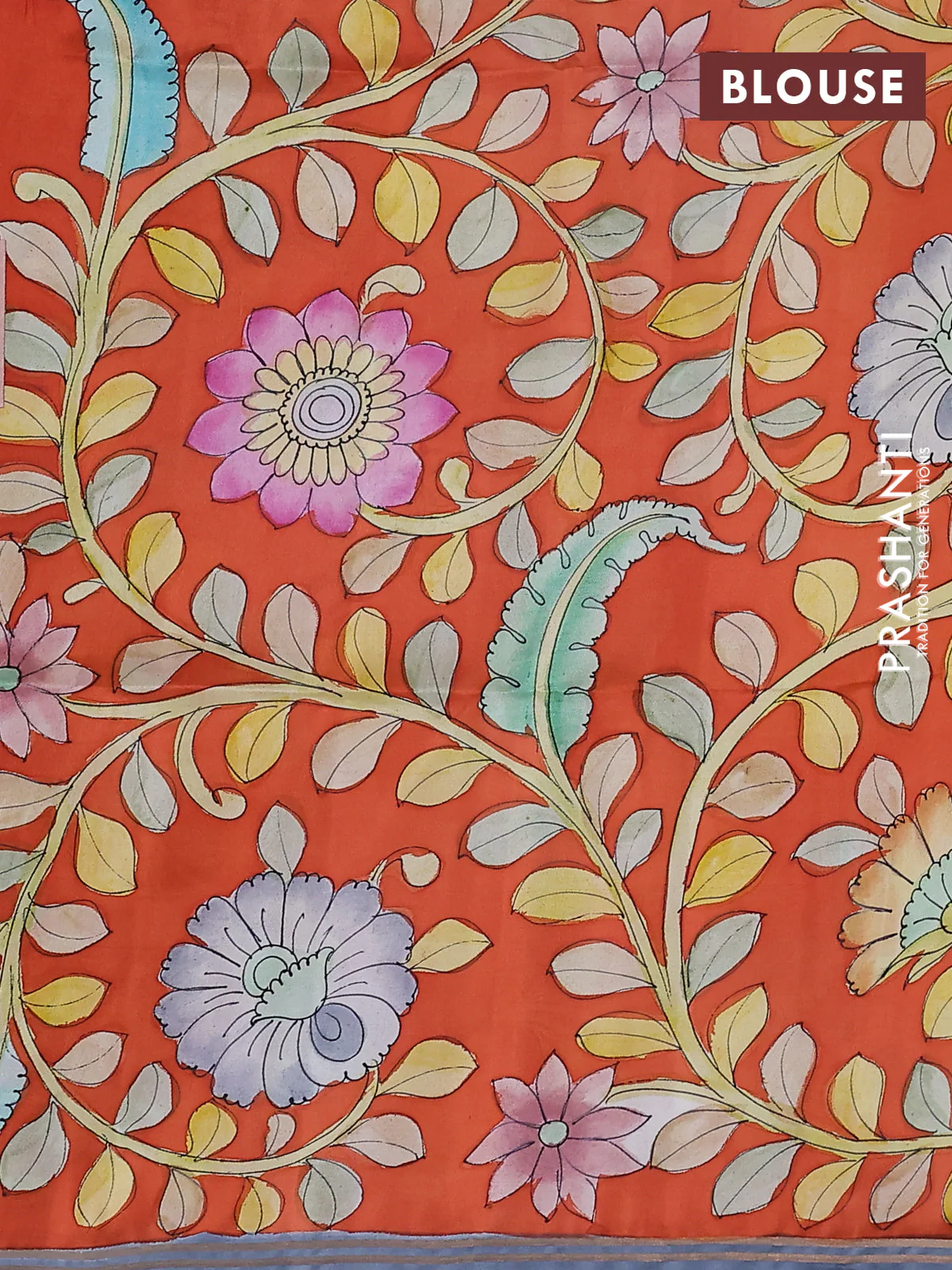 Pure soft silk saree mustard shade and orange with plain body and kalamkari hand painted border & pallu - Image 3