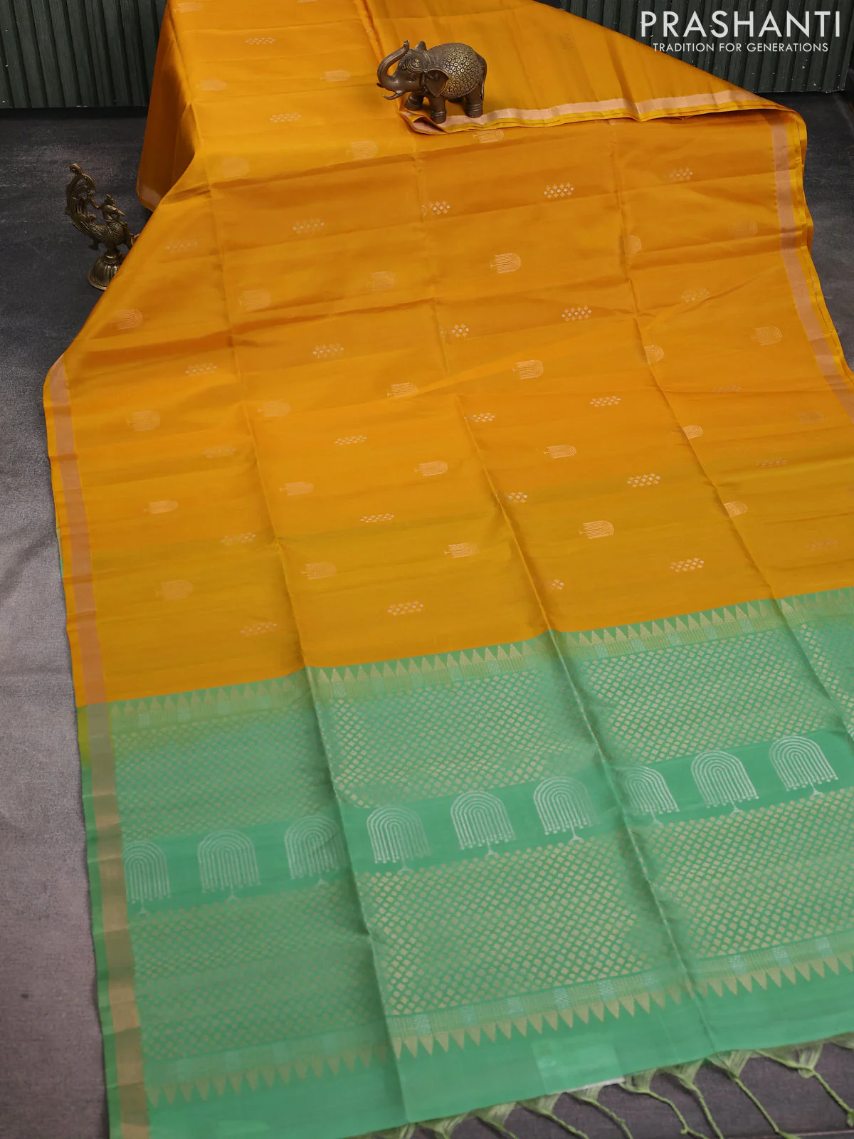 Pure soft silk saree mustard yellow and pastel green with zari woven buttas and zari woven border - Image 2