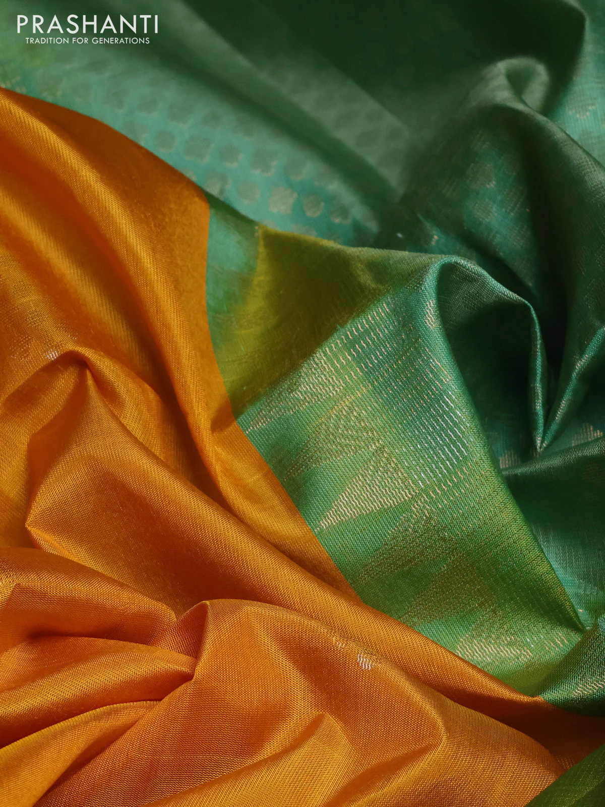 Pure soft silk saree mustard yellow and pastel green with zari woven buttas and zari woven border - Image 3