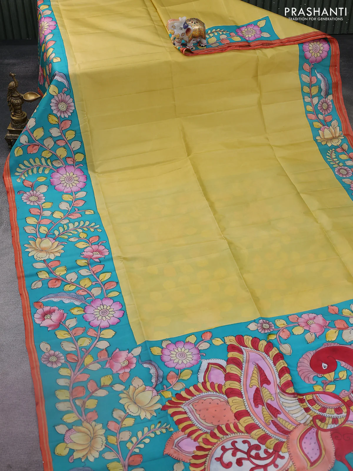 Pure soft silk saree mustard yellow and teal green with plain body and kalamkari hand painted border & pallu - Image 2
