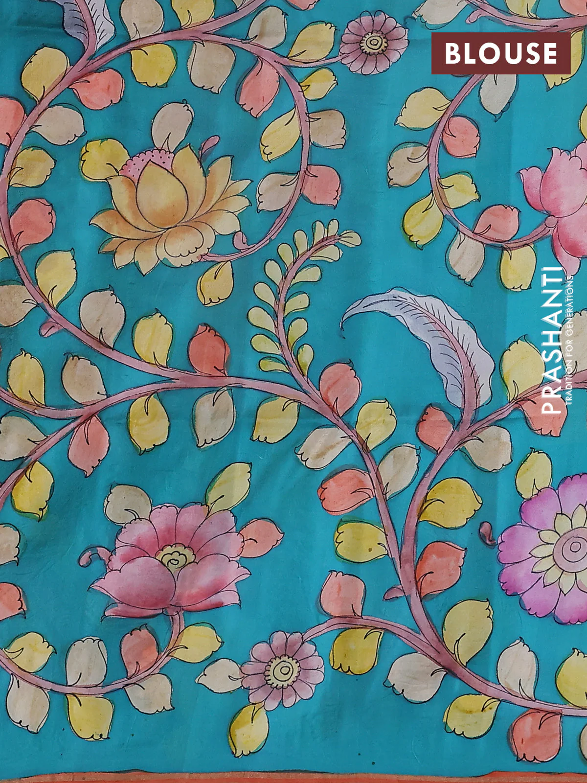 Pure soft silk saree mustard yellow and teal green with plain body and kalamkari hand painted border & pallu - Image 3