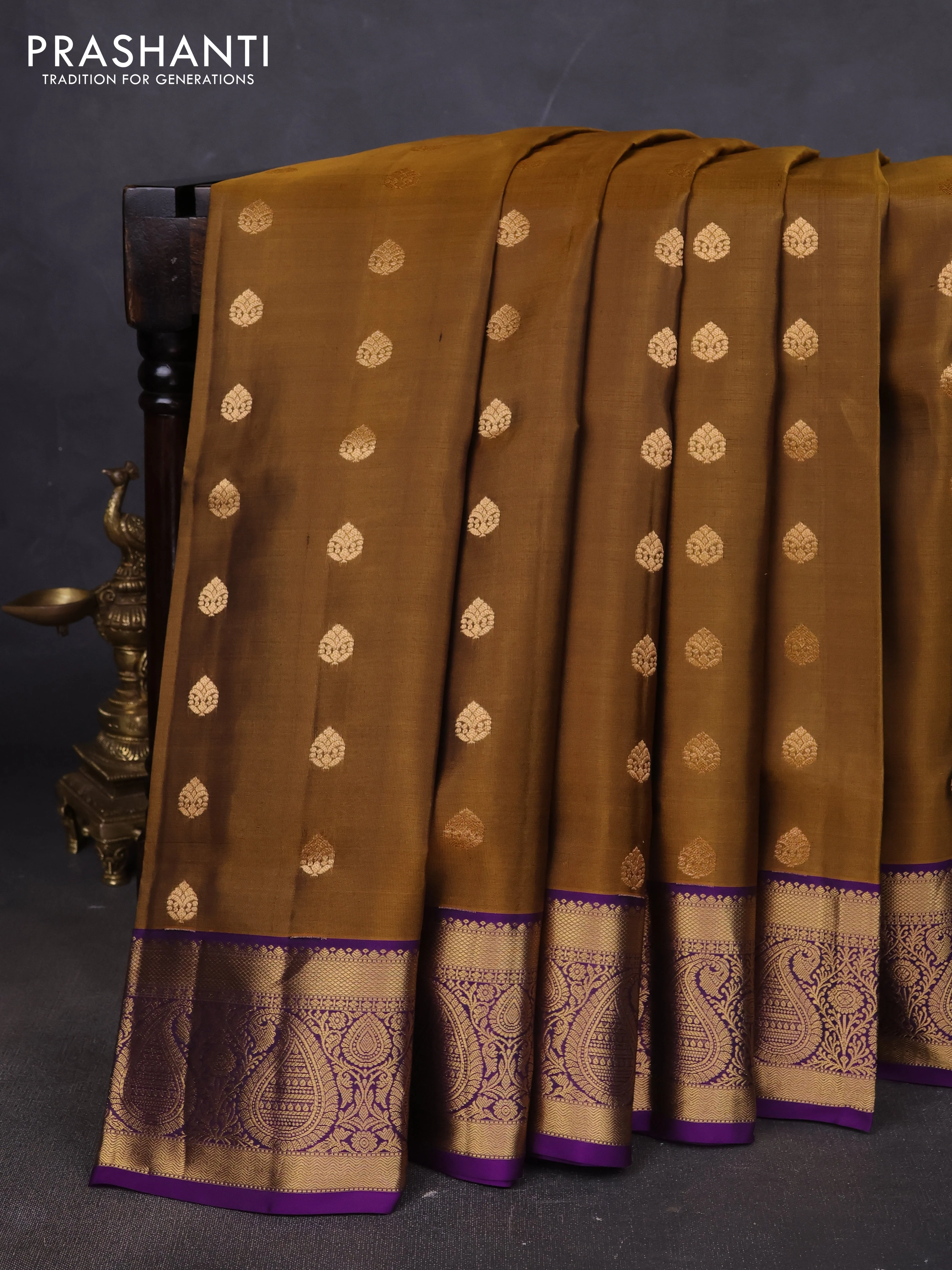 Pure soft silk saree mustard yellow and violet with allover zari woven buttas and rich zari woven border