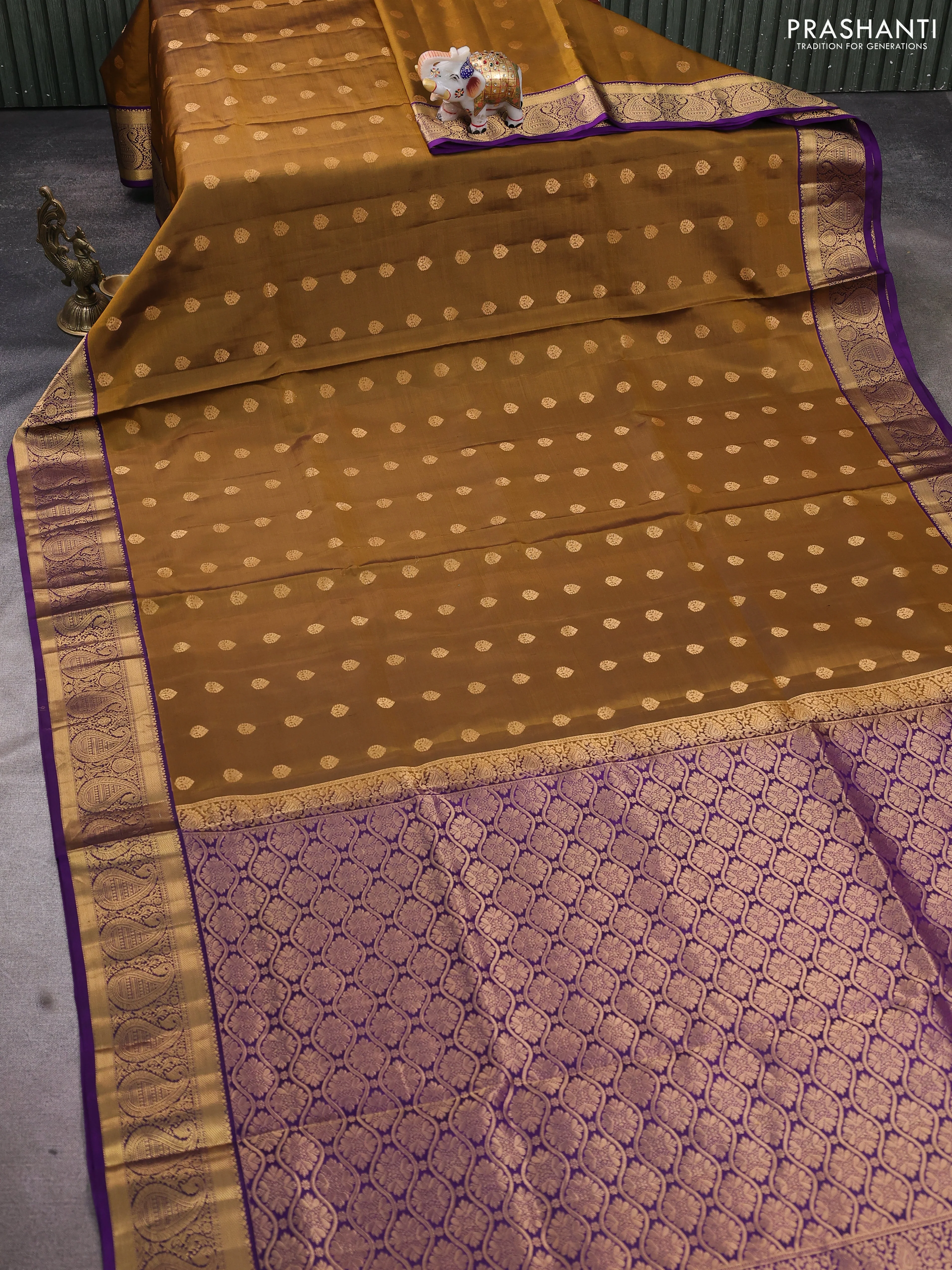 Pure soft silk saree mustard yellow and violet with allover zari woven buttas and rich zari woven border - Image 2