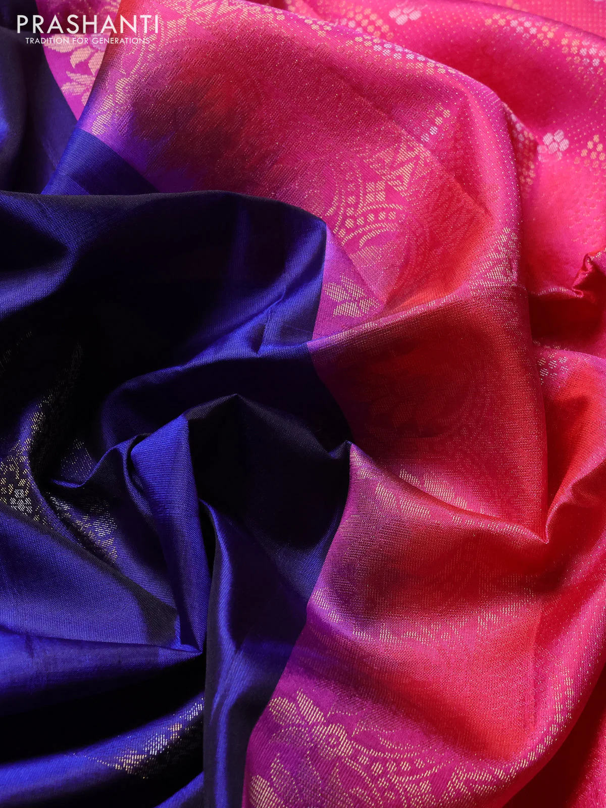 Pure soft silk saree navy blue and pink with zari woven buttas and rettapet zari woven border - Image 3